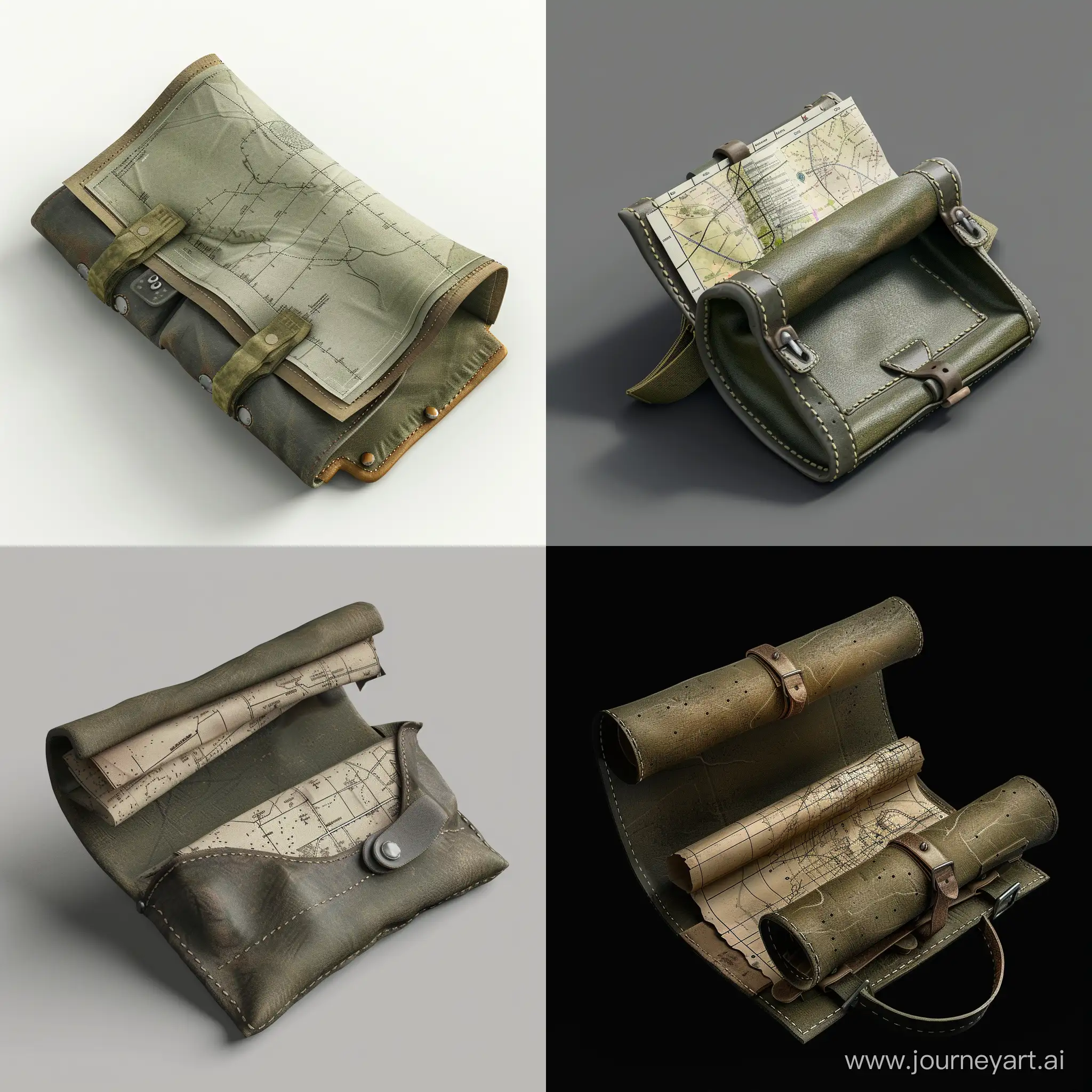 isometric military mapping folded paper in small opened military leather pouch, realistic, 3d render, no background, stalker style