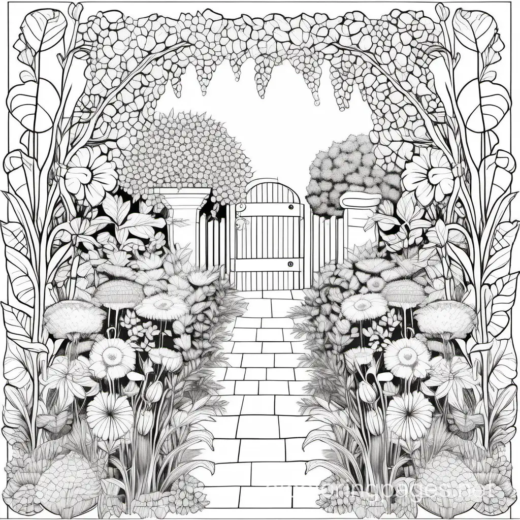 Beautiful secret garden with flowers and botanicals, Coloring Page, black and white, line art, white background, Simplicity, Ample White Space. The background of the coloring page is plain white to make it easy for young children to color within the lines. The outlines of all the subjects are easy to distinguish, making it simple for kids to color without too much difficulty