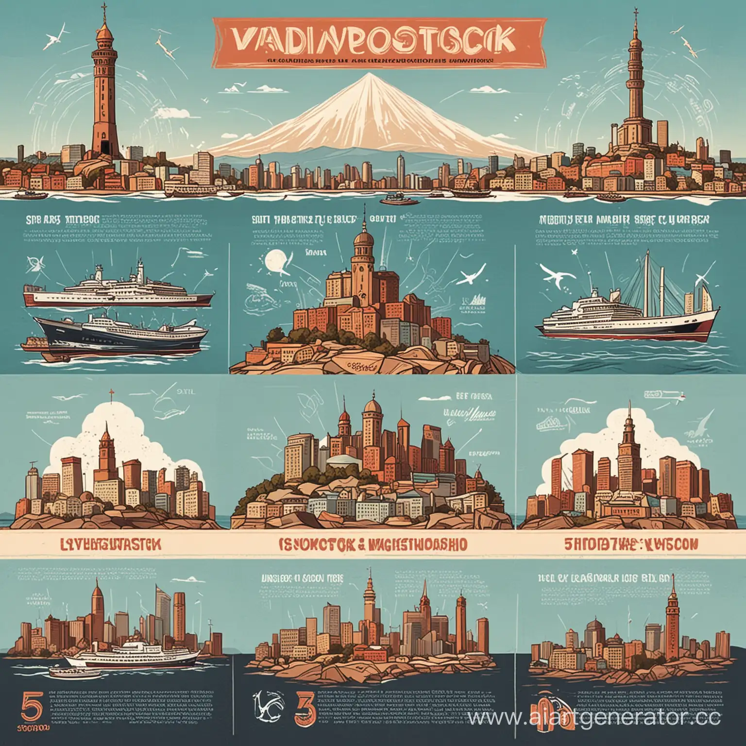 Инфографика в стиле комикс с пятью достопримечательностями Владивостока и краткой информацией о них