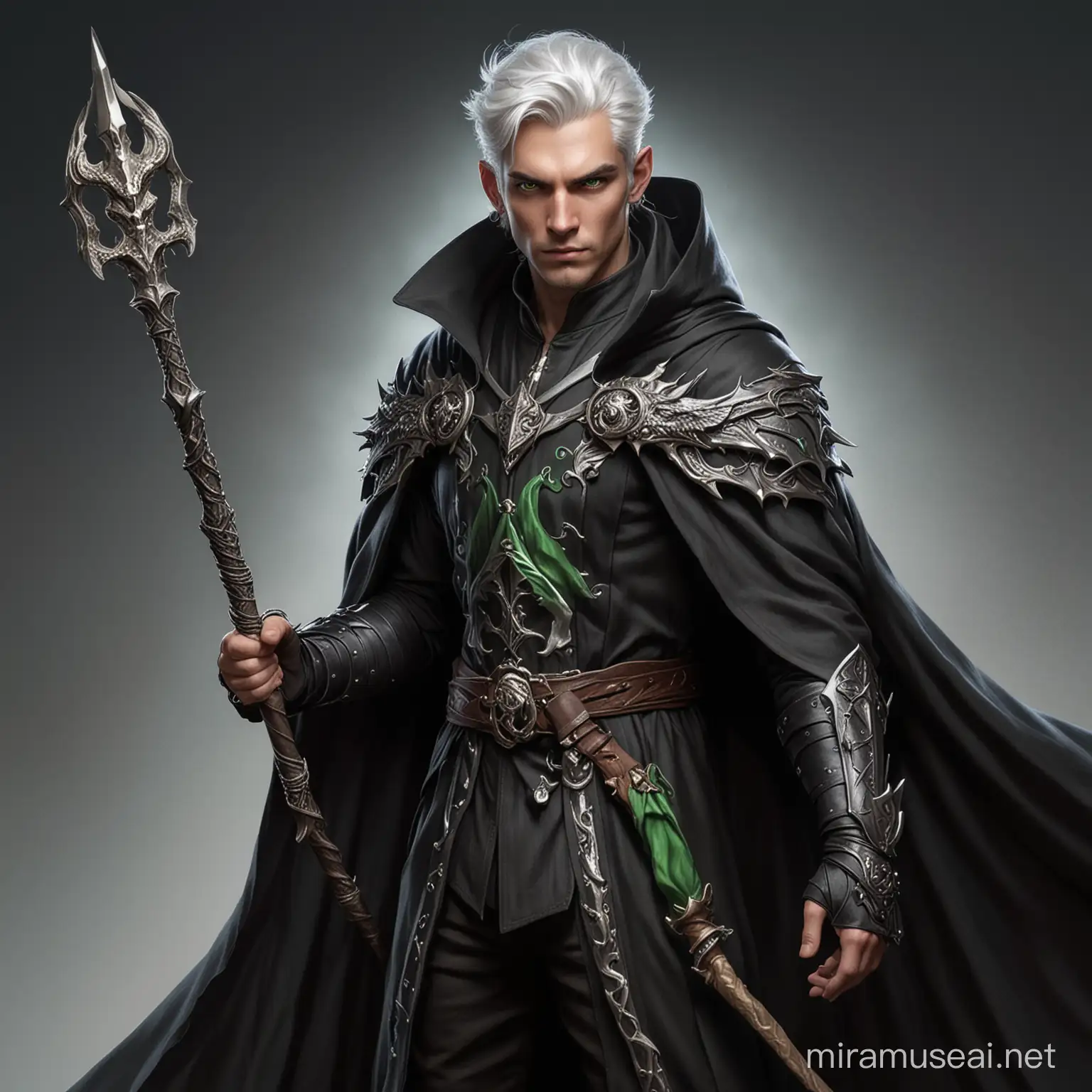 dnd slim male with green eyes and white hair with dragon horns wearing black fancy cloak  holding a staff and a sword at his hilt