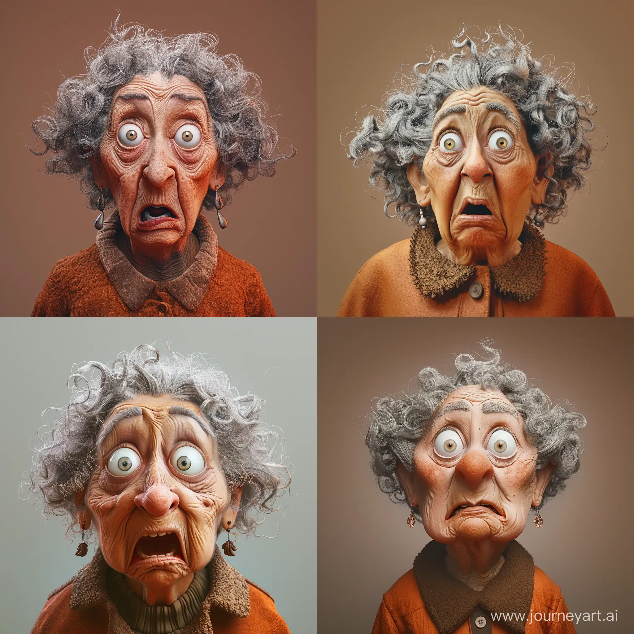 a highly stylized and exaggerated portrait of an elderly woman expressing a comical level of surprise or excitement. The image appears to be digitally manipulated or illustrated to enhance certain features for a humorous or caricatured effect. Her eyes are wide open, her eyebrows are raised high, and her mouth is slightly agape, all accentuating the expression of astonishment. She has a full head of curly gray hair that is tousled, adding to the overall playful nature of the image. The woman is wearing a pair of dangling earrings and is dressed in a brownish-orange jacket with a visibly textured collar, suggesting a cold-weather outfit. The background is a plain solid color that matches the warm tone of her jacket, emphasizing the subject without any distractions. The exaggerated features, combined with the vividness of the expression and the quality of the image, suggest that this portrait may be the work of a digital artist aiming to produce an amusing and endearing character through the use of hyperbolic facial expressions and rich detail.
