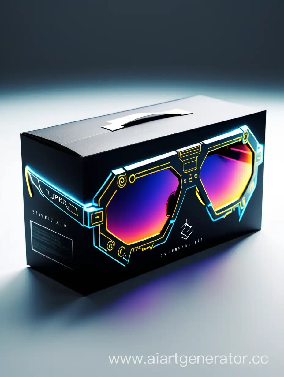 Aggressive Packaging for Cyberpunk sunglasses, centered shot, cinematic, High-key lighting, photorealistic, ultra-high resolution, 8k, white background