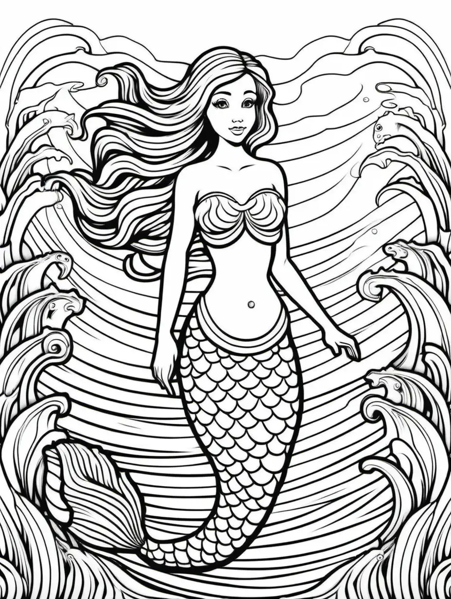 mermaid in ocean, outline only for coloring book