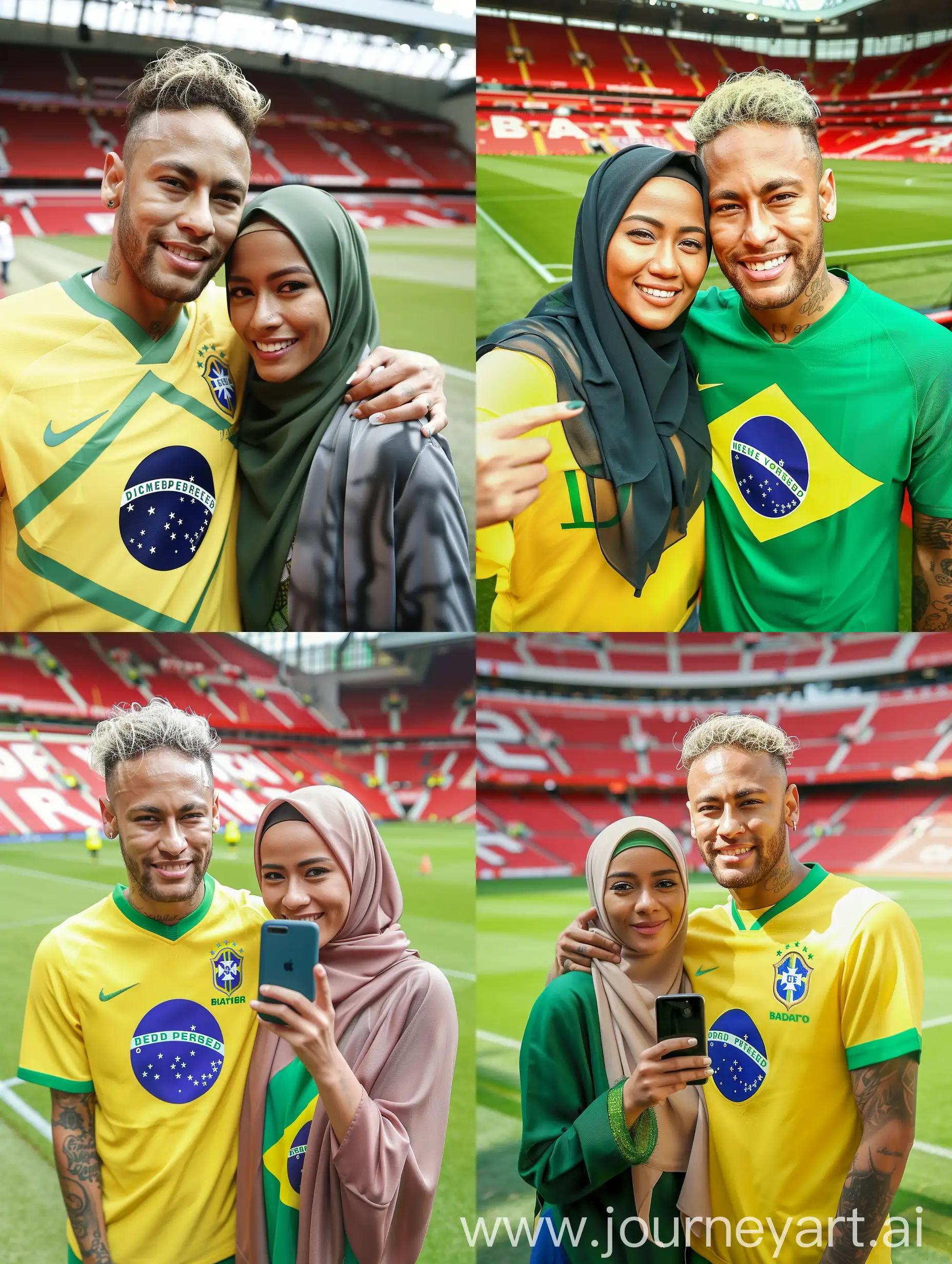 Potrait menghadap depan kekamera Seorang wanita cantik indonesia hijab mengenakan baju jersey brazil. Wanita itu sedang berfoto bersama seorang neymar jr yang mengenakan jersey brazil.mereka berfoto di lapangan stadium old Trafford. Kualitas 8K HD. foto asli.