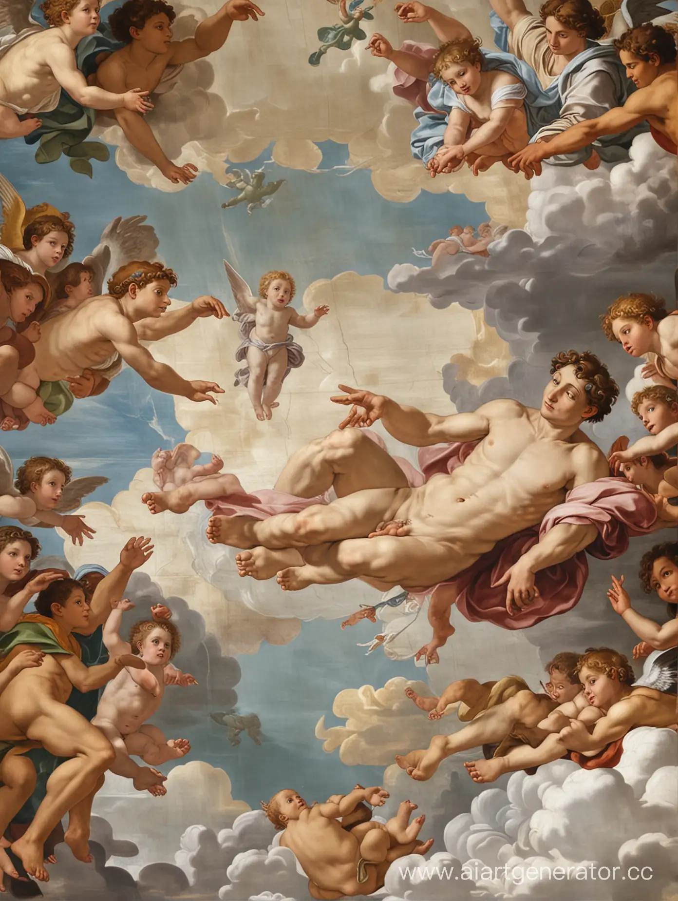 
Michelangelo's Creation of Adam in the Sistine Chapel as a very young, pre-teen,  beautiful boy, laying naked  below godfather himself on clouds in heaven, supported by holy angels, both reaching their hand out for a divine touch of creation of the human kind in a gentle finger tip touch