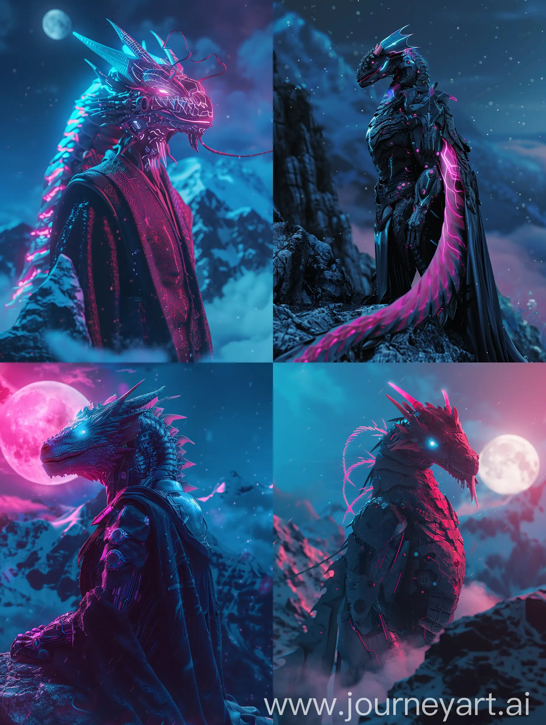mythical dragon cybernetic, fantasy, with subtle pink and blue gradients, darkness, ultra quality, realistic high quality photo, moonlight enveloping attire mountain