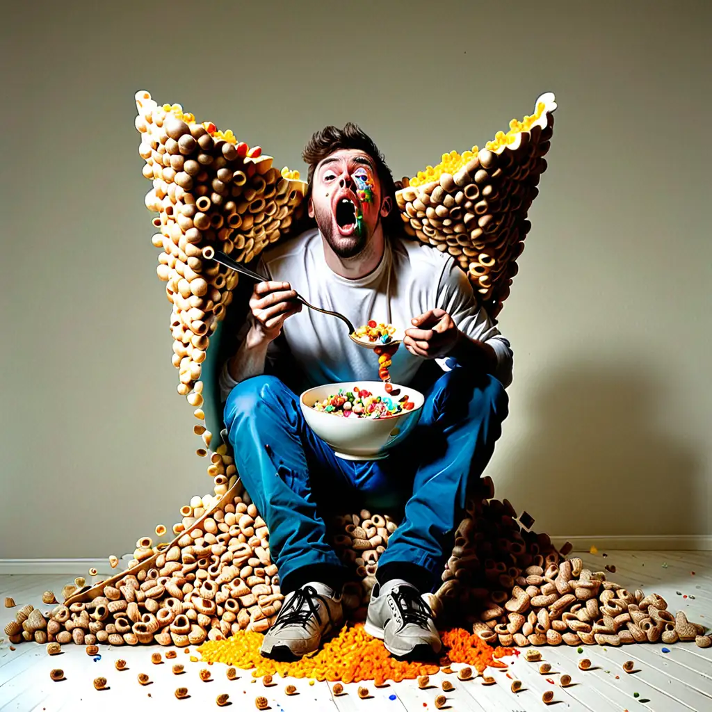 man being crushed by art while eating cereal