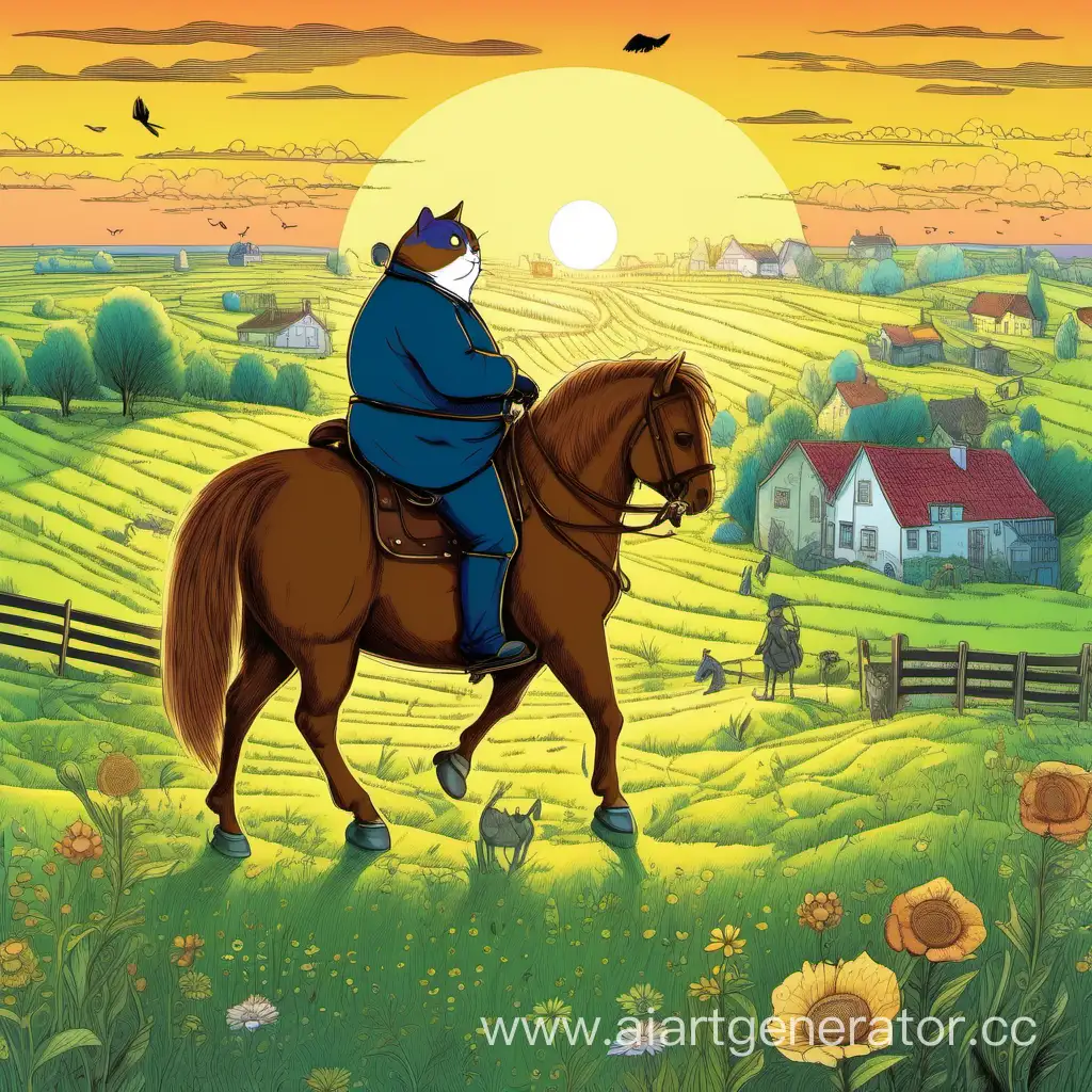 Толстый кот верхом на лошади, а на заднем фоне утренний рассвет, поля и луга
