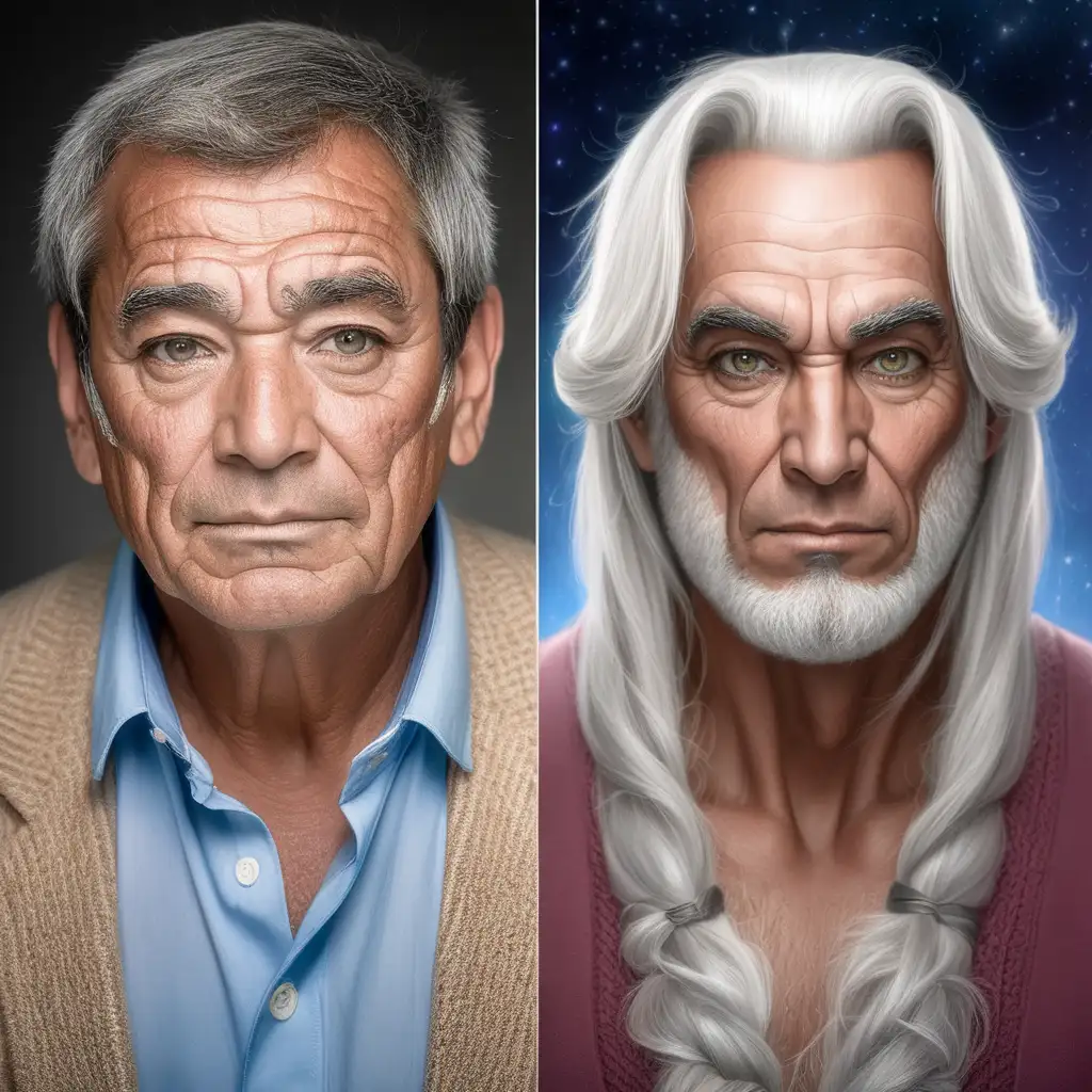 волшебный мужчина 60 лет и его лицо превратилось в 30 летнего парня, потом его лицо превратилось в женщину
