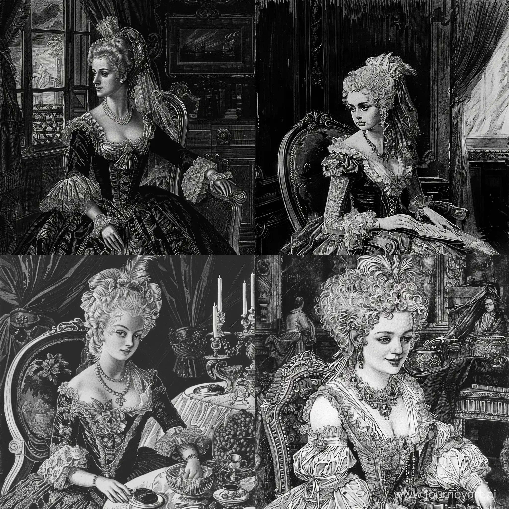 a black and white drawing llustration of marie antoinette, a mid-nineteenth century engraving by Gustav Doré, cg society, figuration libre, photoillustration, sabattier effect, storybook illustration
