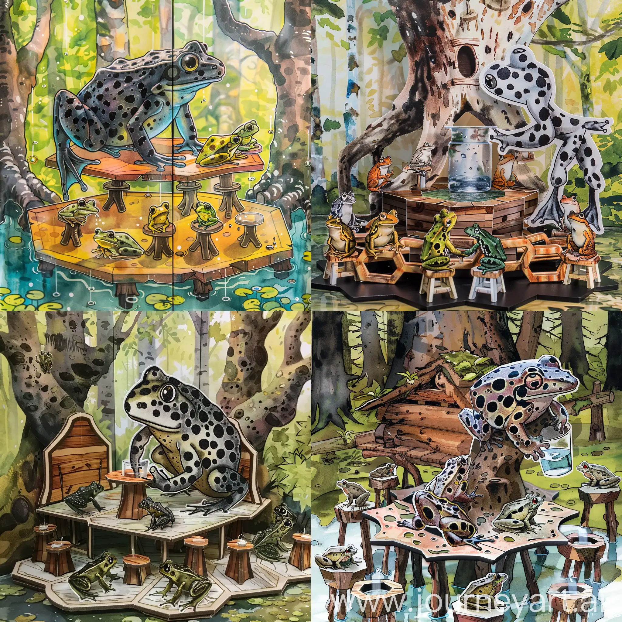 "Forest animal fairy tale style, watercolor, webtoon style, hexagonal log cabin, pop-up drinking bar, tree cup, ((large black-spotted frog, focal point, several small tree frogs sitting on stools drinking water)), colorful background, charming and friendly characters, captures the eye and sparks young readers' imagination.