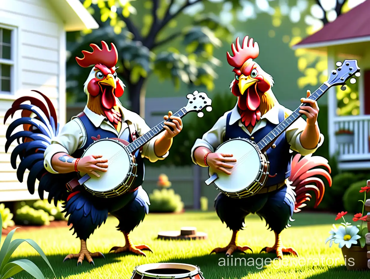 Rooster Musicians Jamming with Banjos in the Yard | AI Image Generator