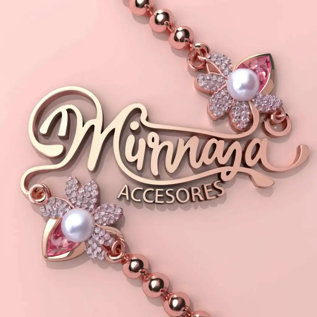 a logo design,with the text Mirnaya accessories, main symbol: Design a 3D logo for an Instagram business page titled Mirnaya Accessories, specializing in selling bracelets, earrings, and rings. The primary color scheme should include shades of pink and white, or solely pink. Key elements of the logo should feature the name Mirnaya Accessories in a feminine font, alongside representations of the accessories and some pearls with heart and butterfly. Minimalistic,clear background