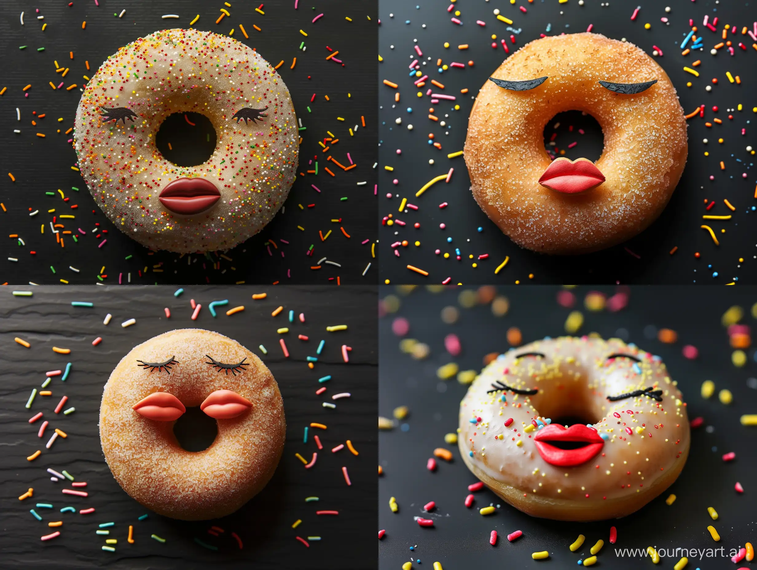 donut with face and lips around hole on black background with color sprinkles of stuffing
