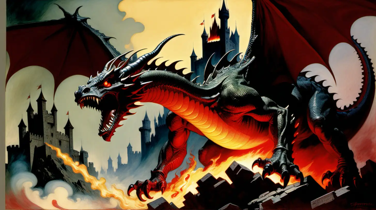 Frazetta Style Massive Dragon Demolishing Castle with Fiery Breath Poster