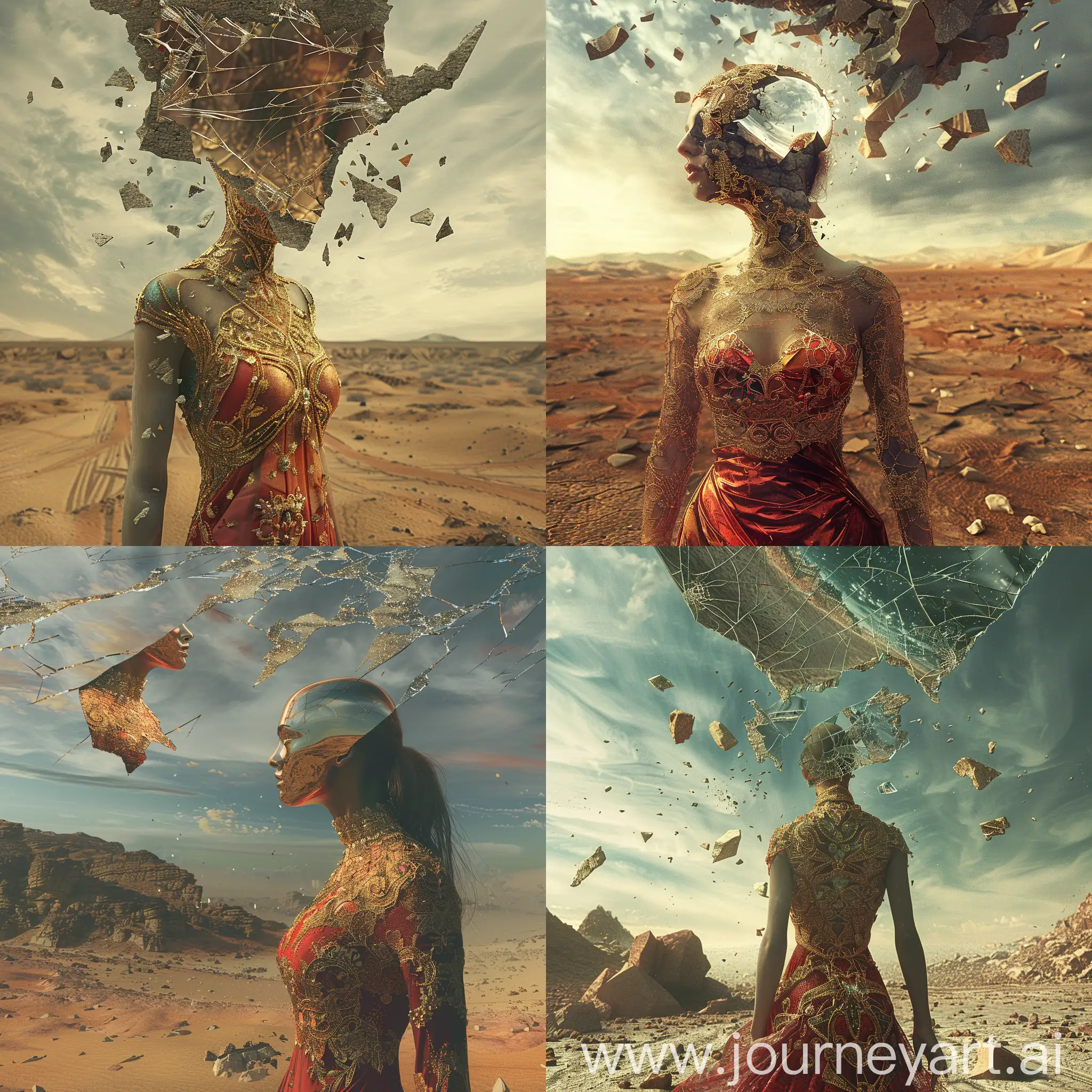 A woman with intricate golden red-dress is standing in a desert. She has no face. She is looking at the reflection of her face on a piece of sky that has fallen from the sky. Above her, the sky is cracked and pieces of it fallen to the ground. Cinematic, ambient lighting, dramatic and highly detailed.