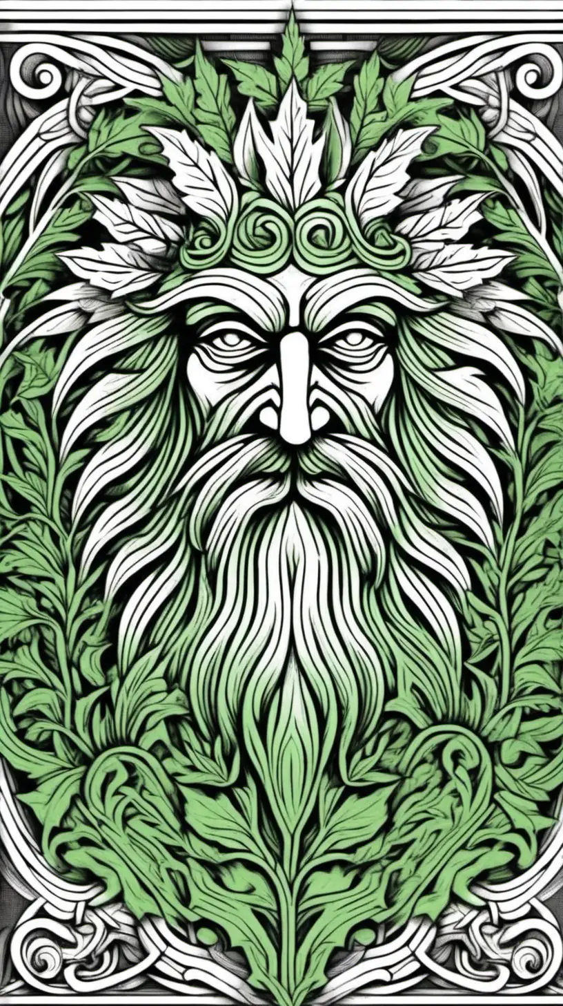 The pagan god Green Man, drawn with simple lines and no shading, black and white