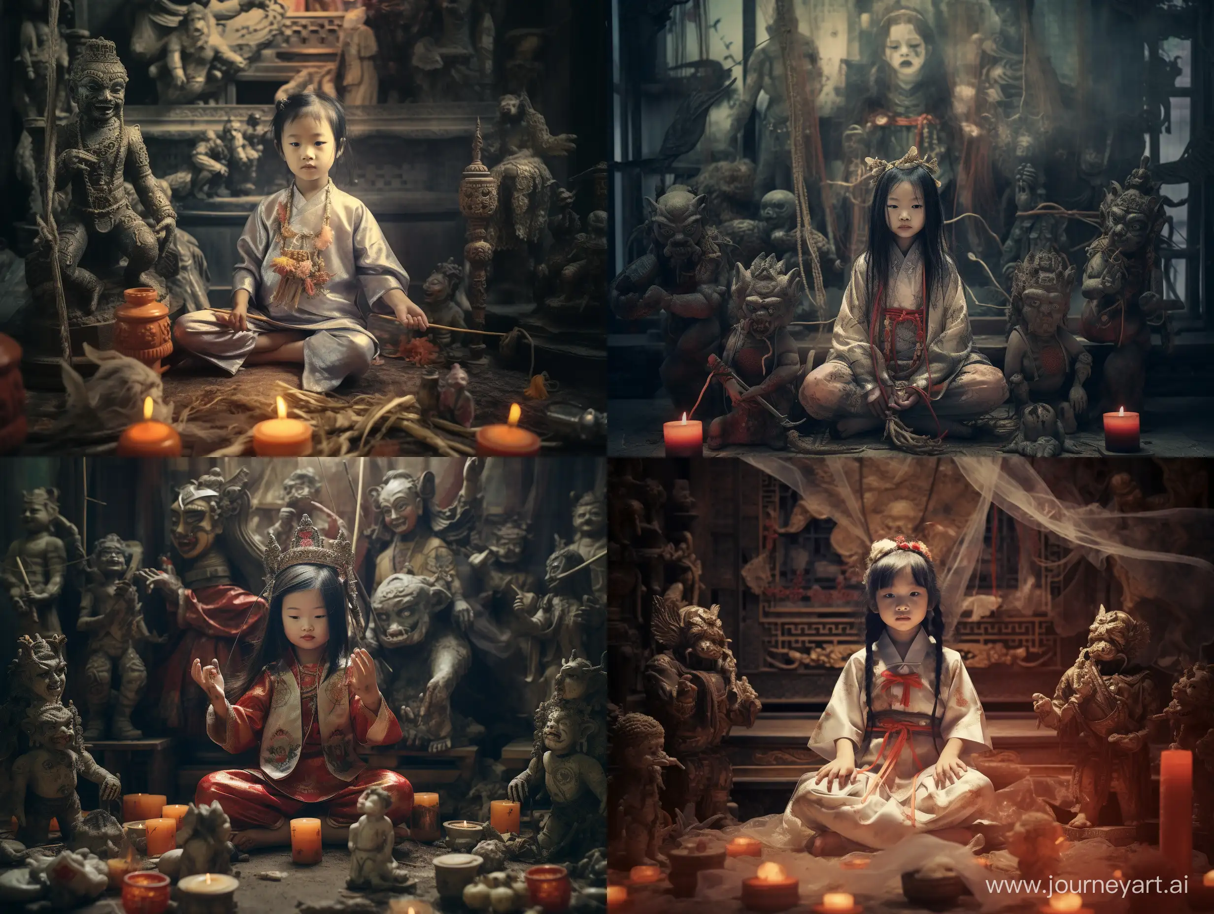 a shabby traditional Chinese temple, creepy Chinese medal and wood mythological figure sculptures, a modern little girl dressing in Chinese New Year clothes sitting among the sculptures, candles, incense and censer, dharma-vessel, spider web, vague ghost, horrible and quirky atmosphere, realistic old faded photo style
