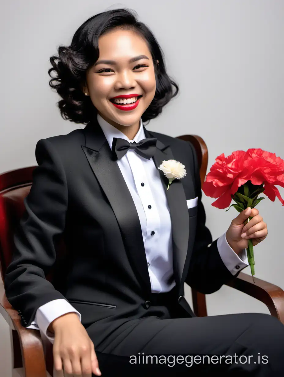 A smiling and laughing filipino lady with shoulder length hair is wearing a tuxedo with black pants.  Her shirt is white with a wing collar and French cuffs.  Her bow tie is black.  She is sitting in a chair.  She is wearing lipstick.  Her corsage is a red carnation.  Her jacket is open.