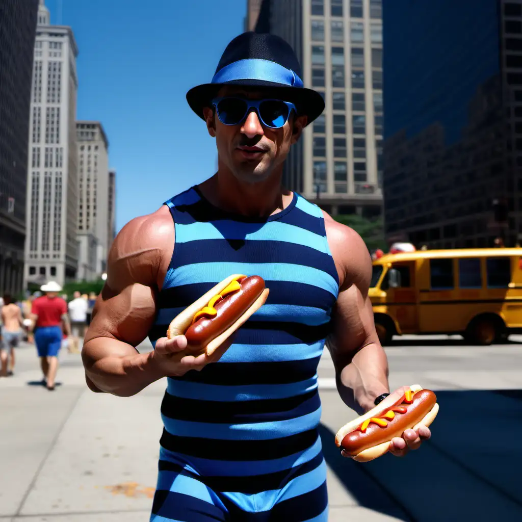 muscular man, short black hair, navy blue pacific blue skintight horizontal striped costume, sunglasses, black trilby hat, eating hot dog, Chicago city, day