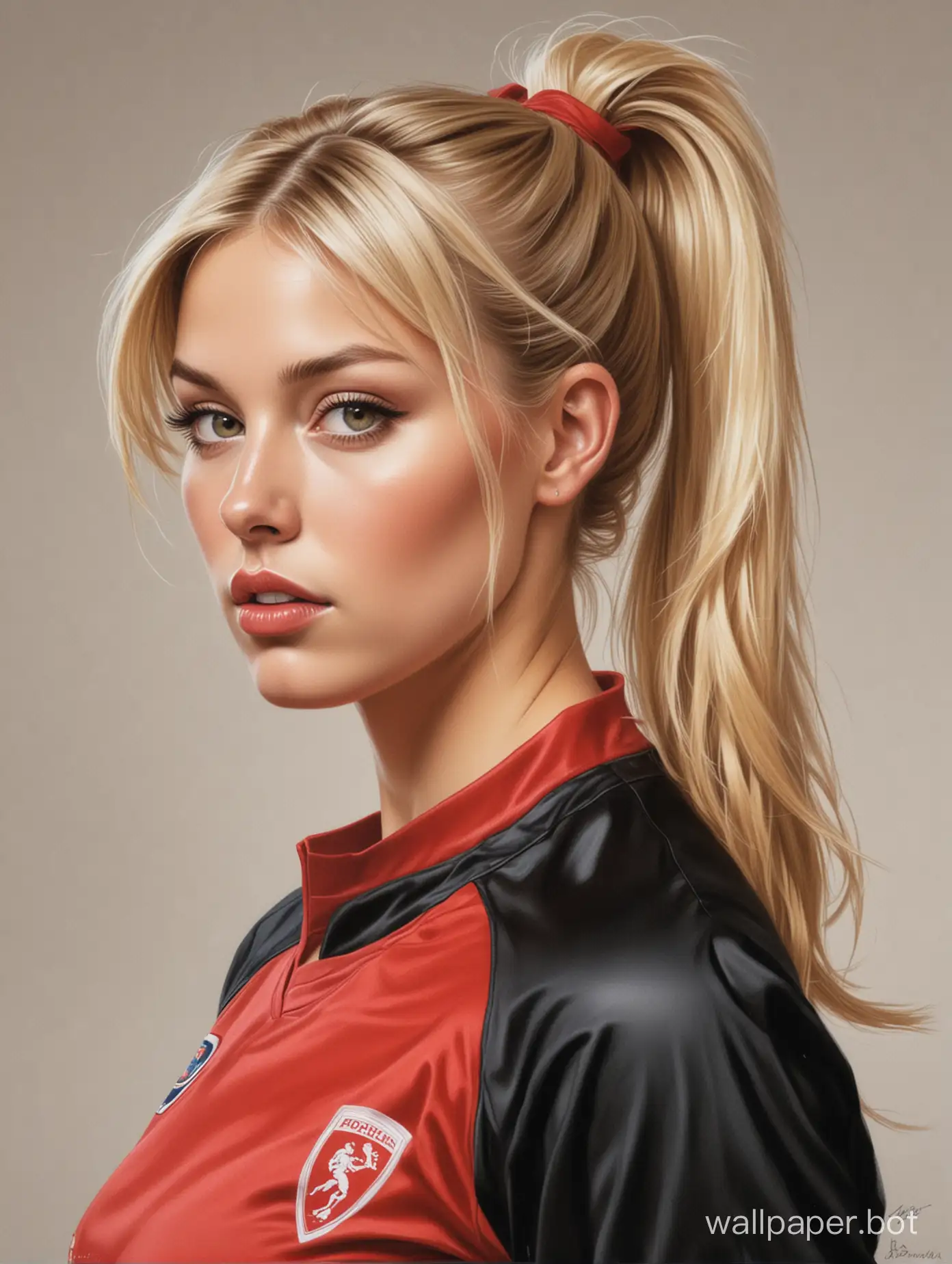 sketch Catherine Forsberg 25 years old light hair with ponytails 6 breast size narrow waist In red-black soccer uniform white background high realism Boris Vallejo style portrait in semi-profile
