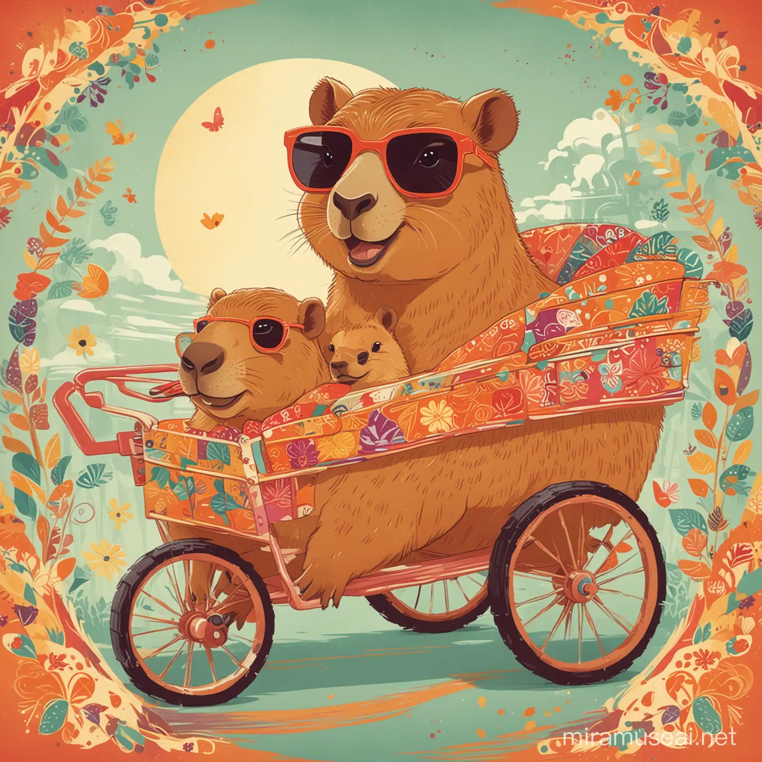 A delightful retro-inspired vector illustration featuring a loving capybara mommy and her adorable baby. They are both portrayed with a groovy vibe, wearing sunglasses and smiling. The mommy capybara pushes a quirky, colorful cart with the baby sitting inside. The background is a vibrant, patterned design with a sense of nostalgia and fun.