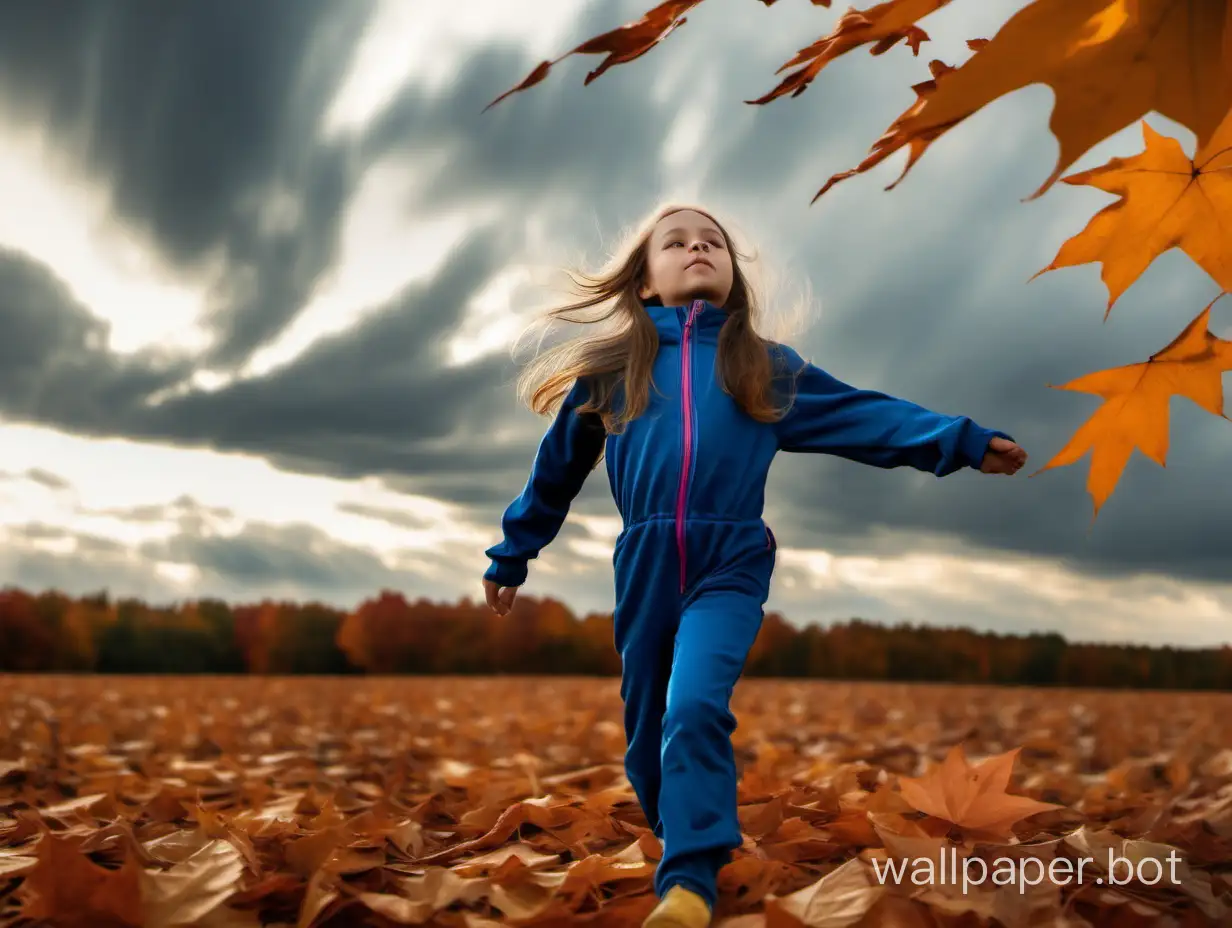 11-year-old girl in a tight jumpsuit stands on the edge under the sky with clouds under the wind carrying autumn leaves