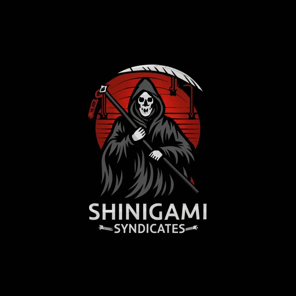 a logo design,with the text "SHINIGAMI SYNDICATES", main symbol:GRIM REAPER, GRAVE, CARTEL,Moderate,clear background