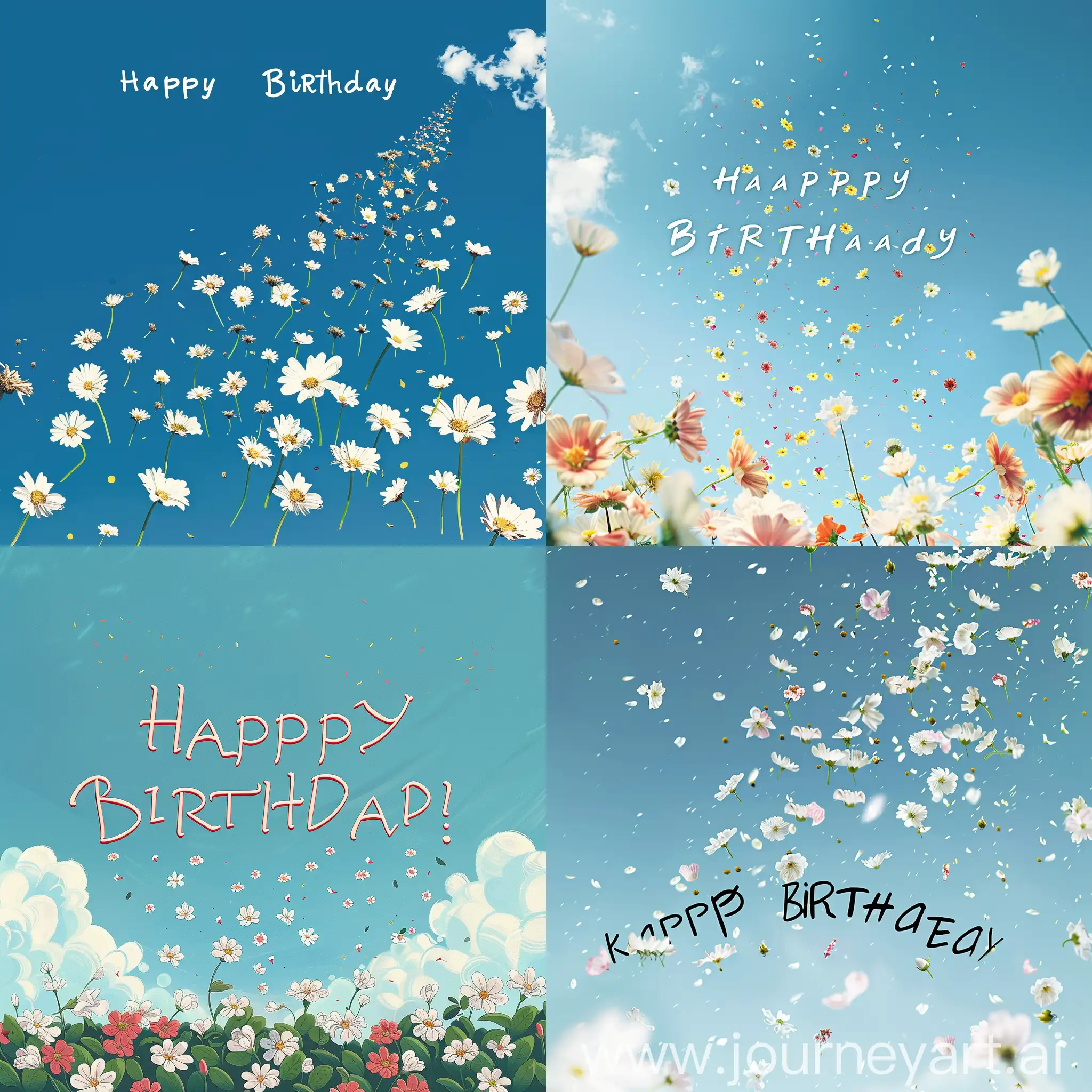 cartão de aniversario com a escrita feliz aniversario malvada com flores caindo do ceu azul