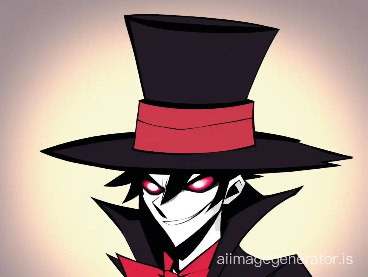 ALASTOR FROM HAZBIN HOTEL with a tall and beautiful hat, black hair, a guy, 2D style, simple