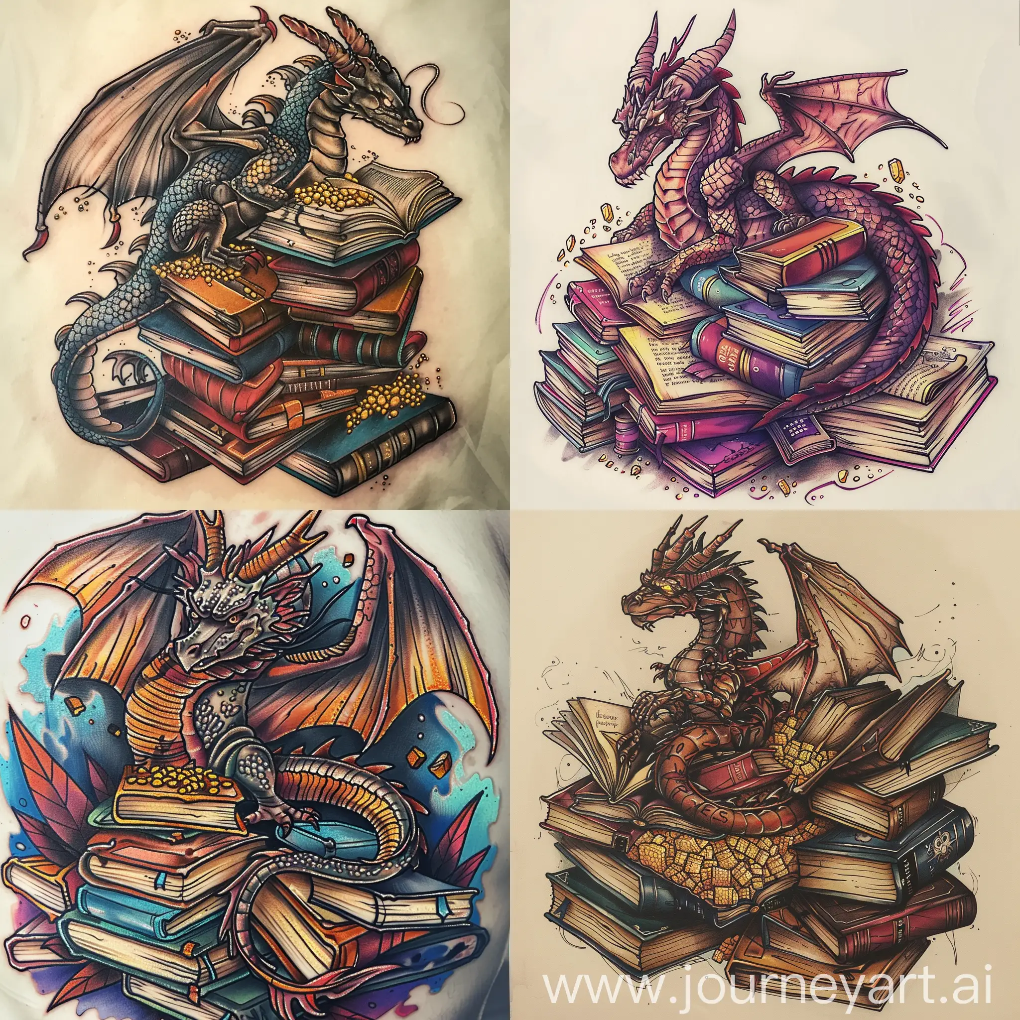 A detailed and colorful tattoo design of a dragon perched on a pile of books instead of a pile of gold. The dragon is in a coiled position with its tail wrapped around the books. The books should be in various sizes and colors, and some of them should be open with pages splayed out. The dragon should be facing the viewer, and its eyes should be glowing. The style of the tattoo should be realistic, but with a touch of fantasy.