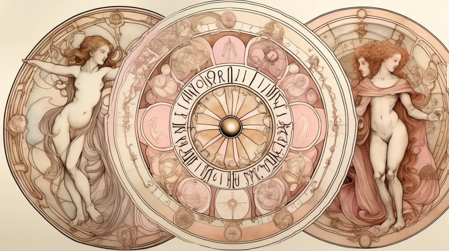 Muted Watercolor Astrological Wheels in RenaissanceInspired Art Nouveau Style
