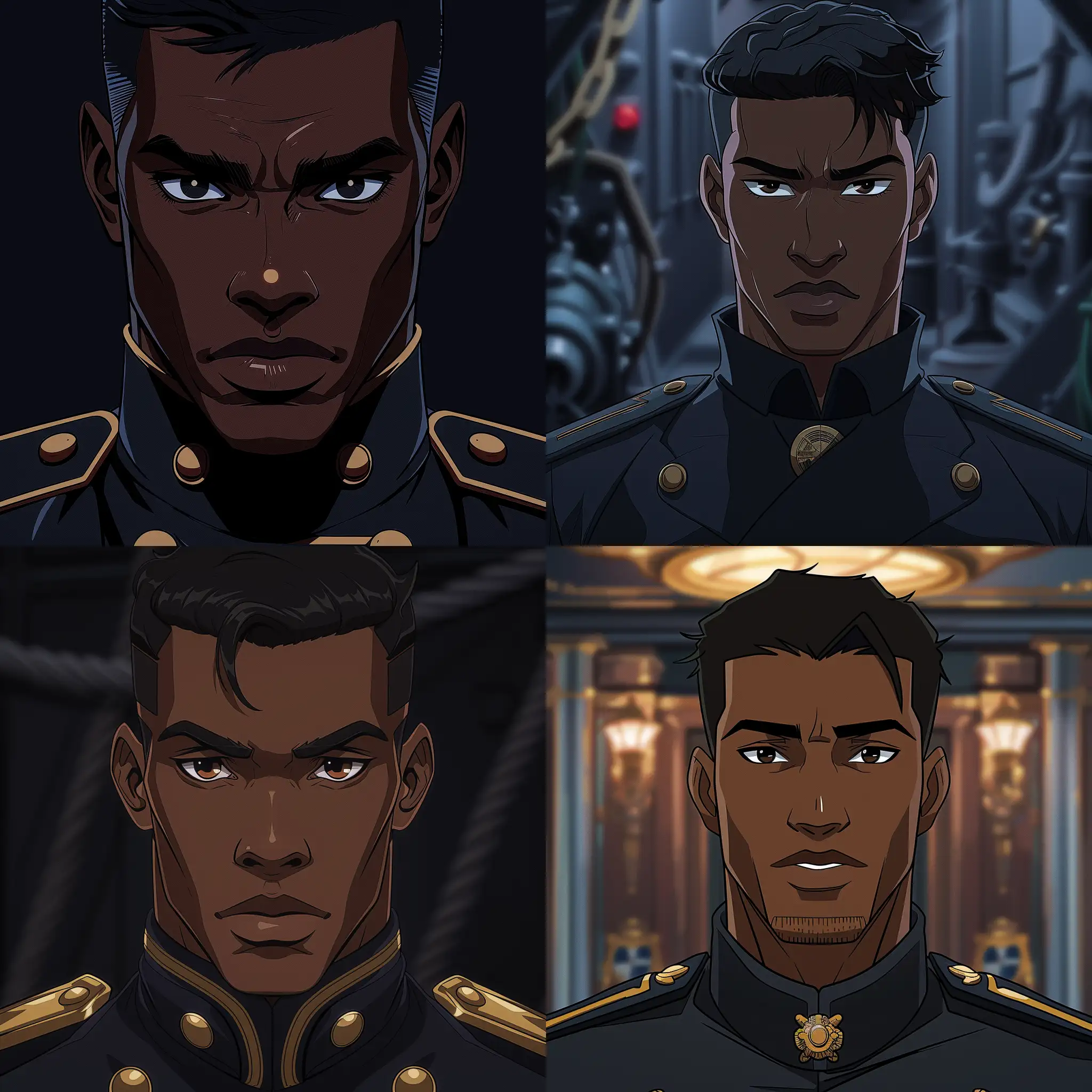 A black navy captain with a serious expression. His short, black hair, and his eyes transmit a remarkable intensity, navy uniform, his presence commands respect,,cartoon, zoom out x1.2 --ar 140:140 --stylize 400 --v 6