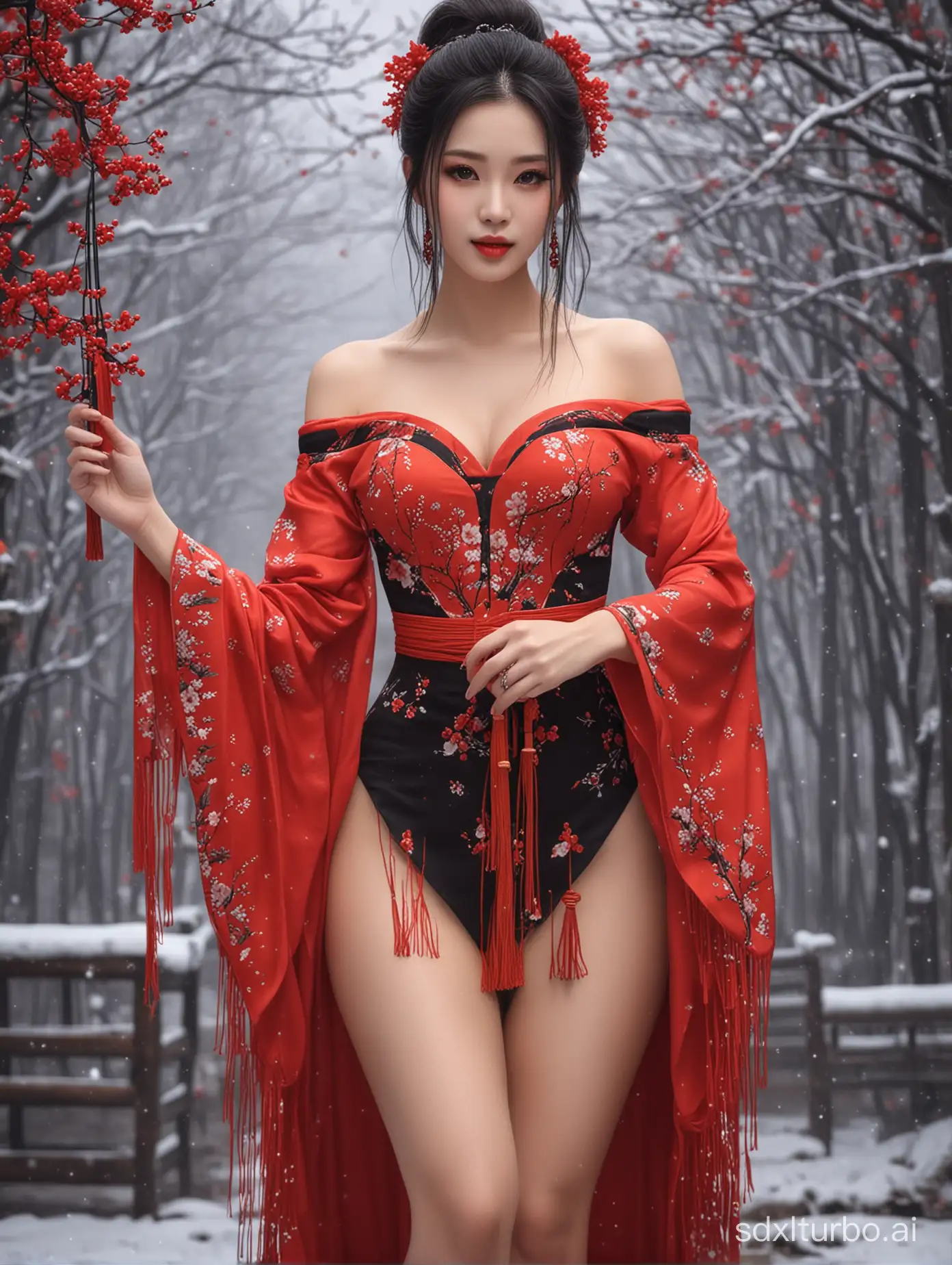 (1girl:2.5), best quality, materpiece, highres, beautiful details, snow, hair ornament, solo, sexy, flower, hair flower, candle, earrings, jewelry, black hair, black eyes, red lips, looking at viewer, tassel, depth of field, makeup, (red_clothes:1.3), chinese clothes, floral print, medium breasts, off-the-shoulder, (standing:1.3), high forks, fairy thigh, long legs, bare feet