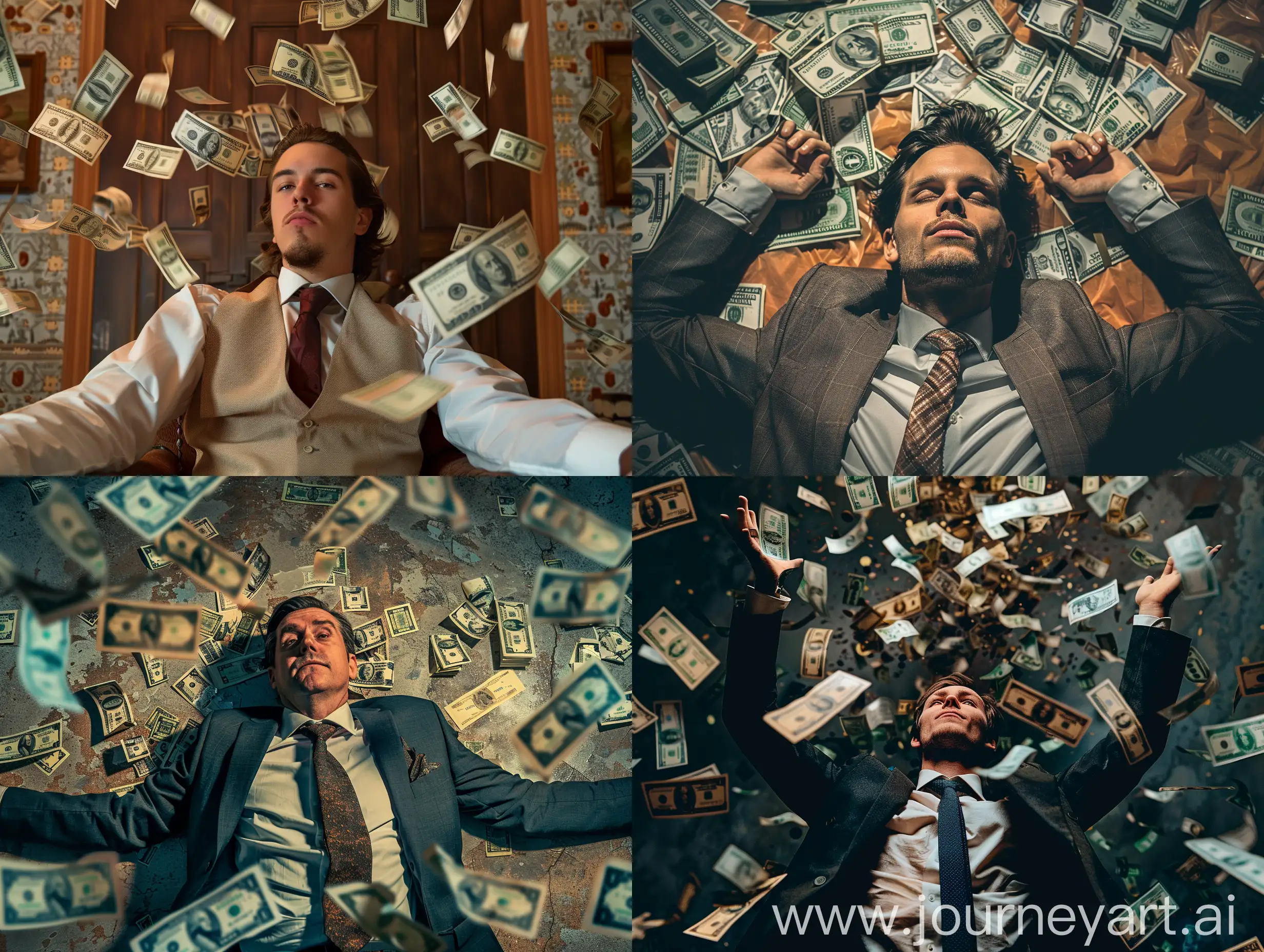 a rich man and surrounded with money around, 8k, hdr, photorea