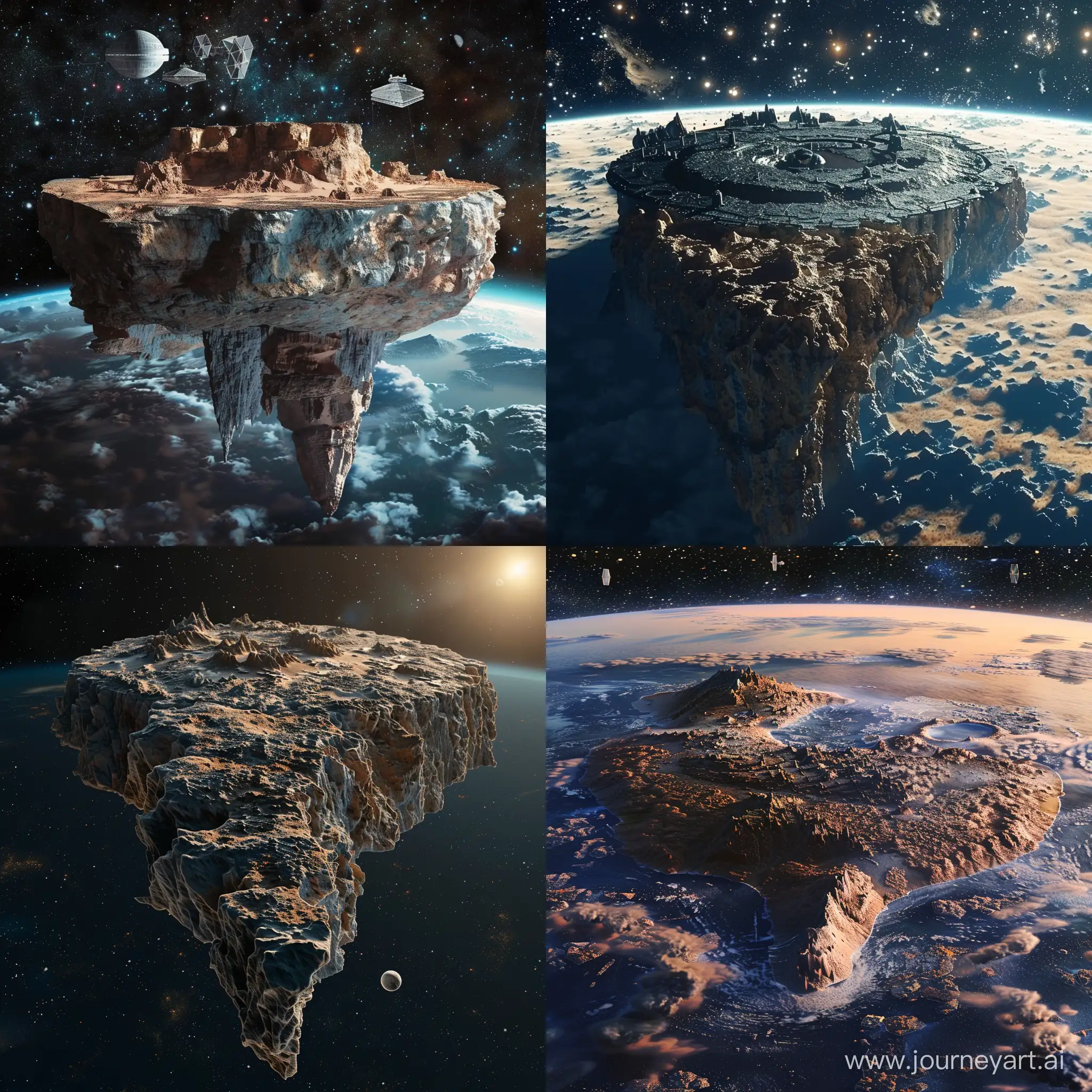 create a prespectivly island in space  like star wars ,3d , 4k , high quality