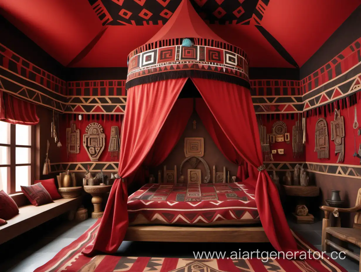 Большая фентези комната богато украшенная в ацтекском стиле. На кровати лежит красное одеяло, а над кроватью висит красный балдахин