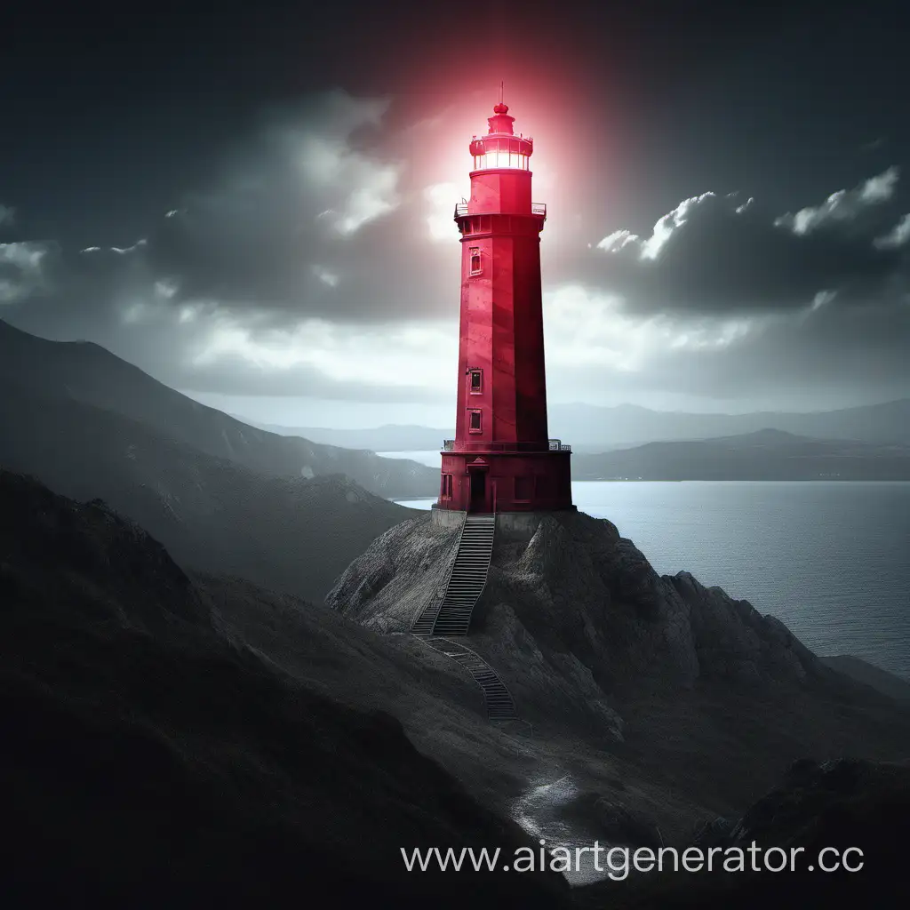 Mountain-Summit-Lighthouse-with-Red-Stone-Posterstyle-Graphics-in-Subdued-Light