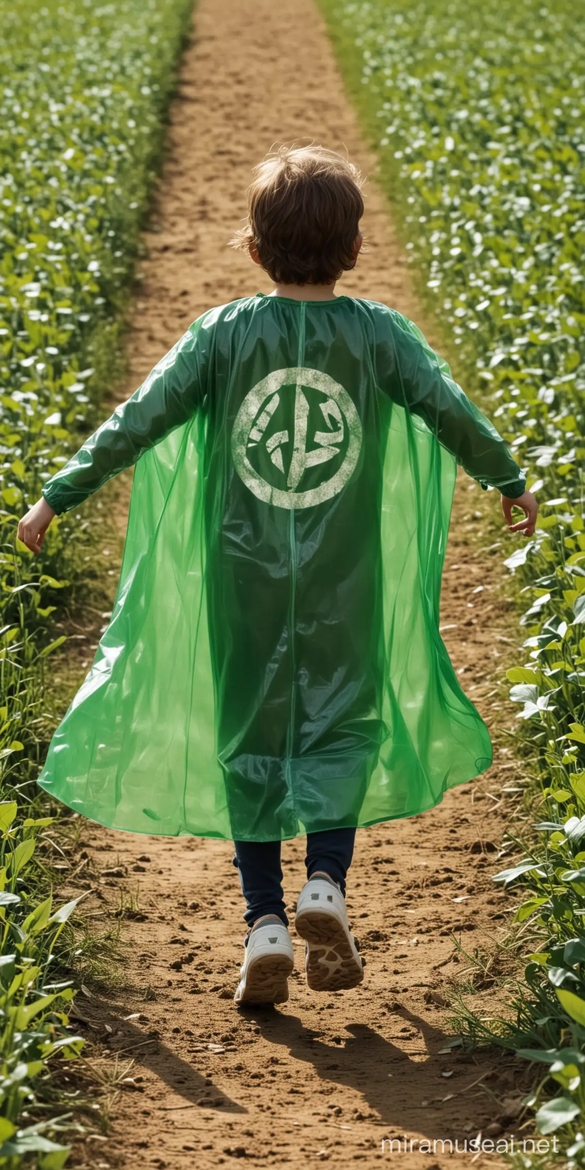 child running in a field with a green plastic cape with leaf details and recycled symbol