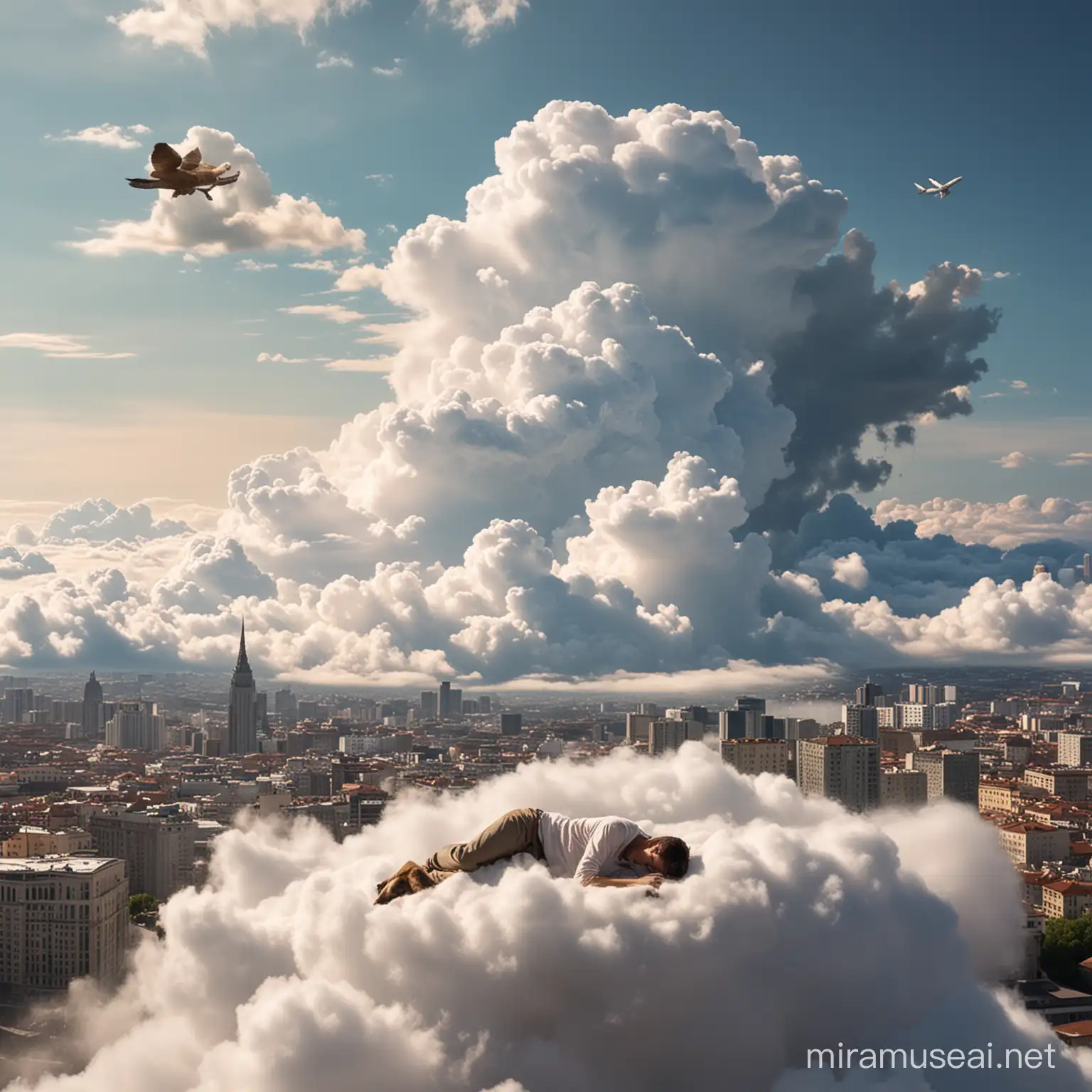 человек спит на облаке ,облоко летит над городом,рядом собака