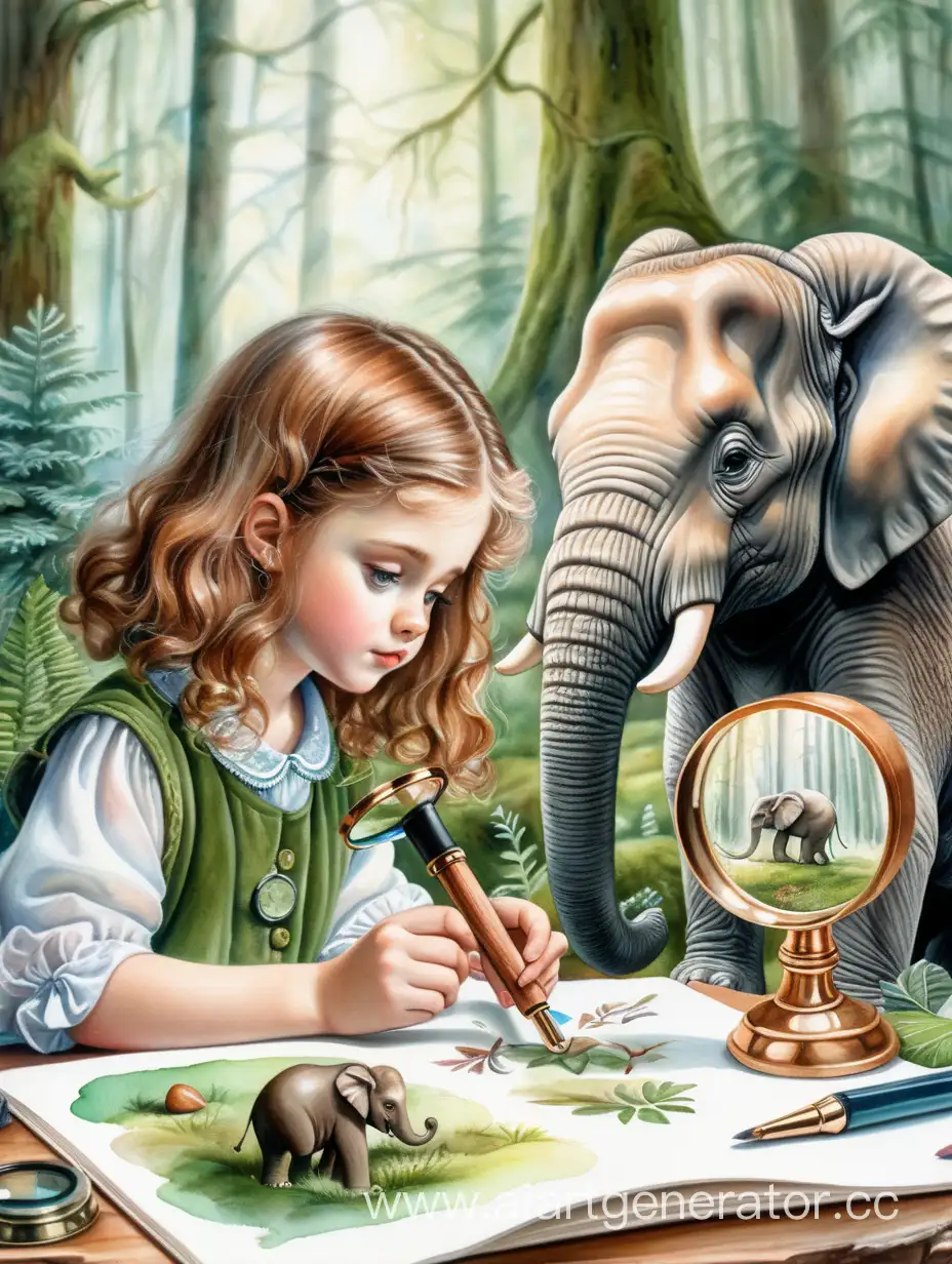 Slavic-Girl-Examining-Elephant-Figurine-in-Mossy-Forest-Watercolor-Painting