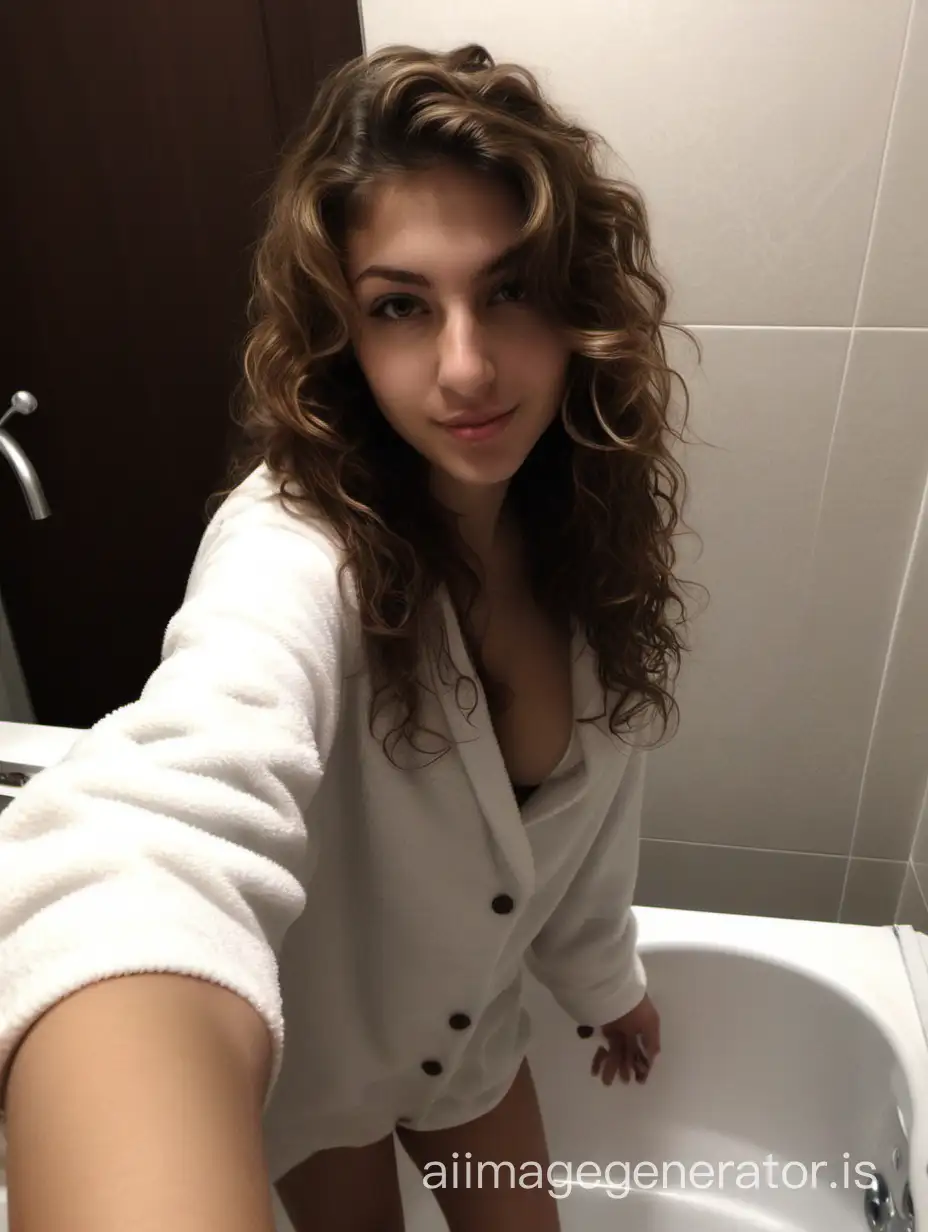 A photo of Michela, an Italian prosperous hot girl, just came back home from college with brown wavy hair, taking a self-hotel picture, relaxing in her bathroom
