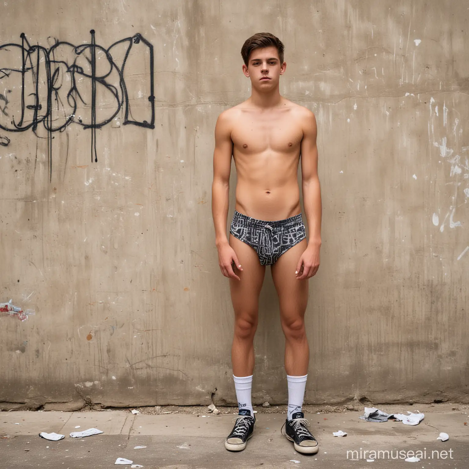 Serious Naked Young Man in Dress Shoes and Socks Against Graffiti Wall