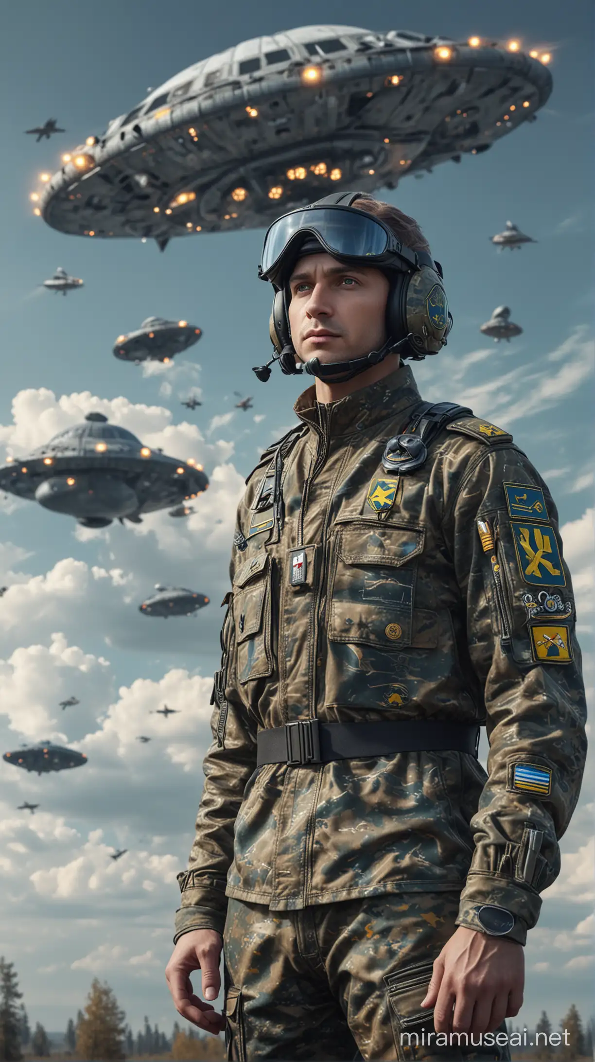 A pilot with Ukrainian symbols in a camouflage uniform and a UFO,Hyper-realistic, 8k image