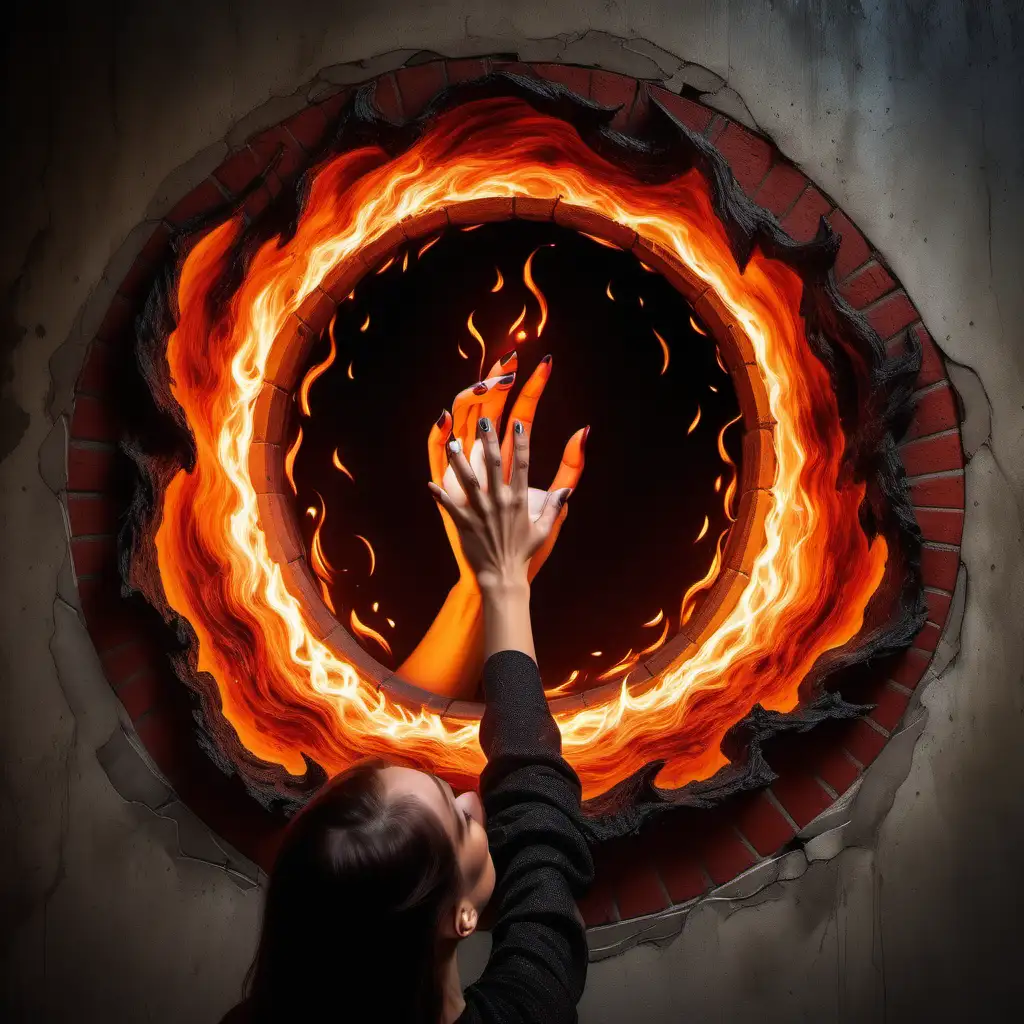 A wall with a  hole, a cirle of flames around the hole, beautiful colors on the circle, a woman hands is reaching out from the circle, highly detailed, stunning detailed, passion, passionated, love 