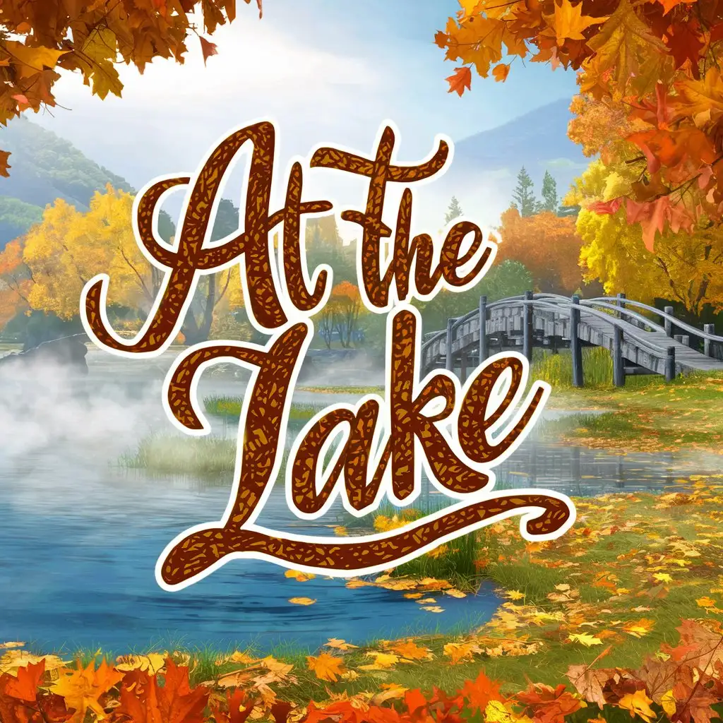 vector art, "At the lake" typography, handwriting style font, fall lake setting
