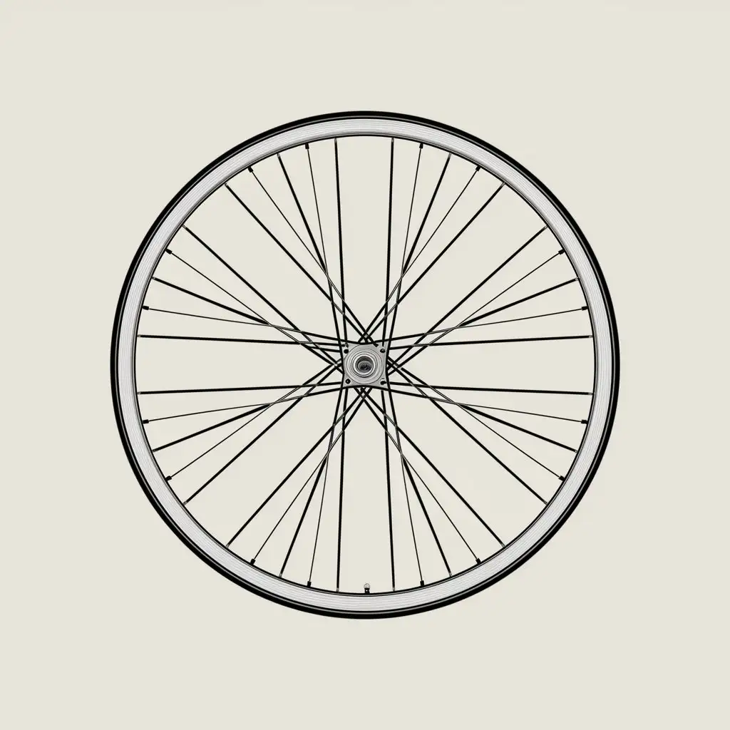 A minimalist depiction of a bicycle wheel, focusing on spokes and rim.