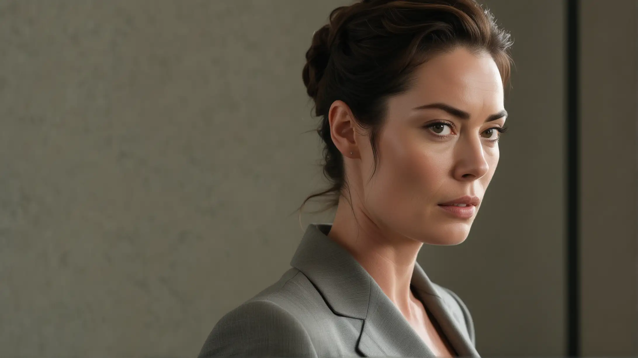 image of female character similar to a movie still taken from a movie scene, look similar to Lena Headey a determined, resilient women with a complex past. She is in her  early forties with sharp features, cold businesswoman 
