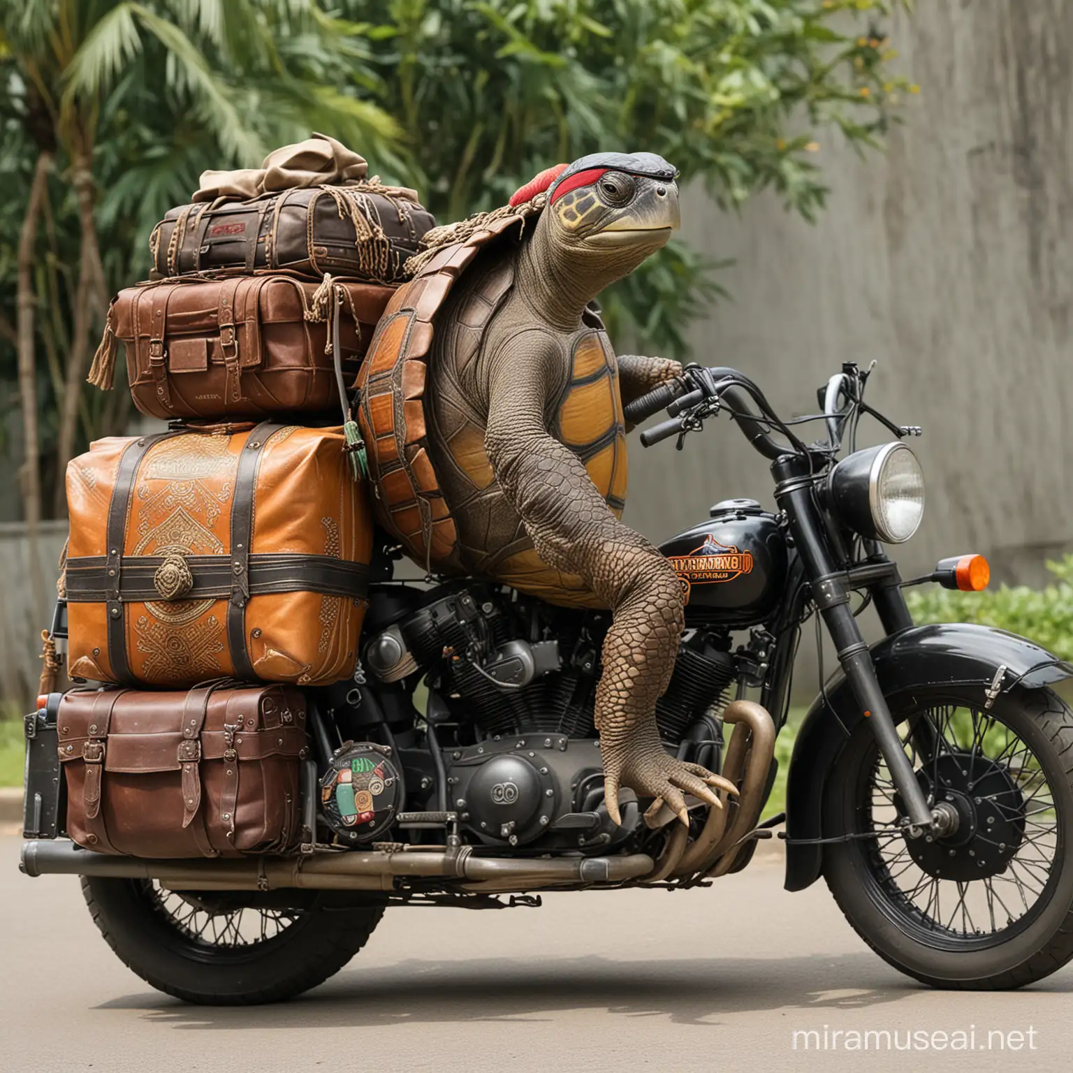A turtle in Malay attire riding a Harley Davidson with baggage attached at the back