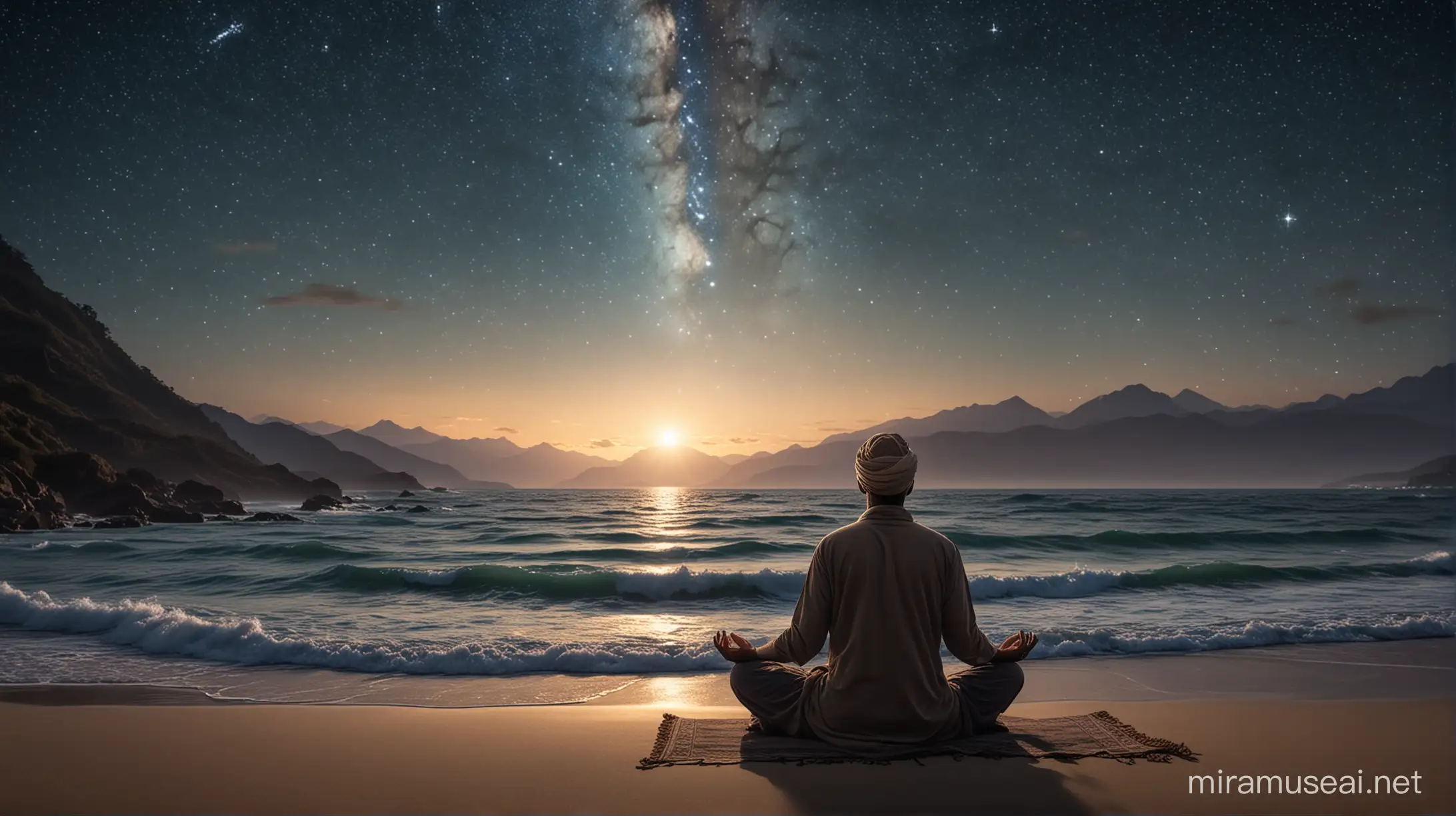 at night a muslim man wearing a back turban sitting in front of a wavy ocean meditating while you can see a beam of light from the mountains with stars in the sky